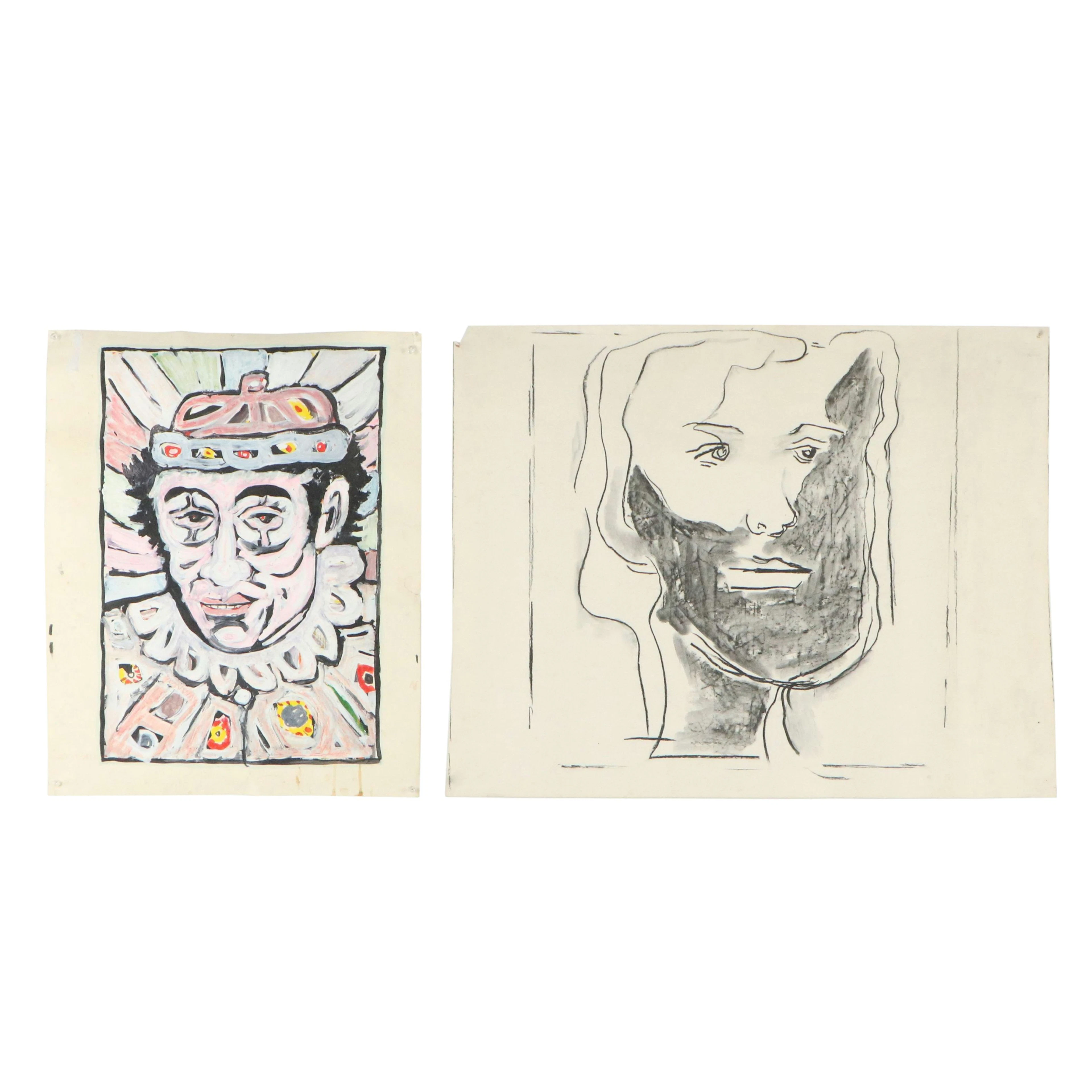 Achi Sullo Acrylic and Graphite Portraits on Paper, Late 20th to 21st C.