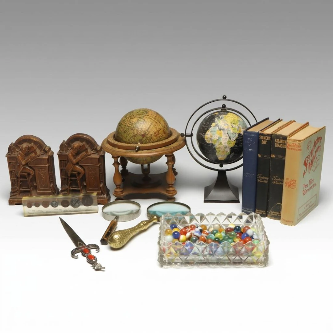 Vintage "Seckatary Hawkins" Books with Decorative Globes, Marbles, More Décor