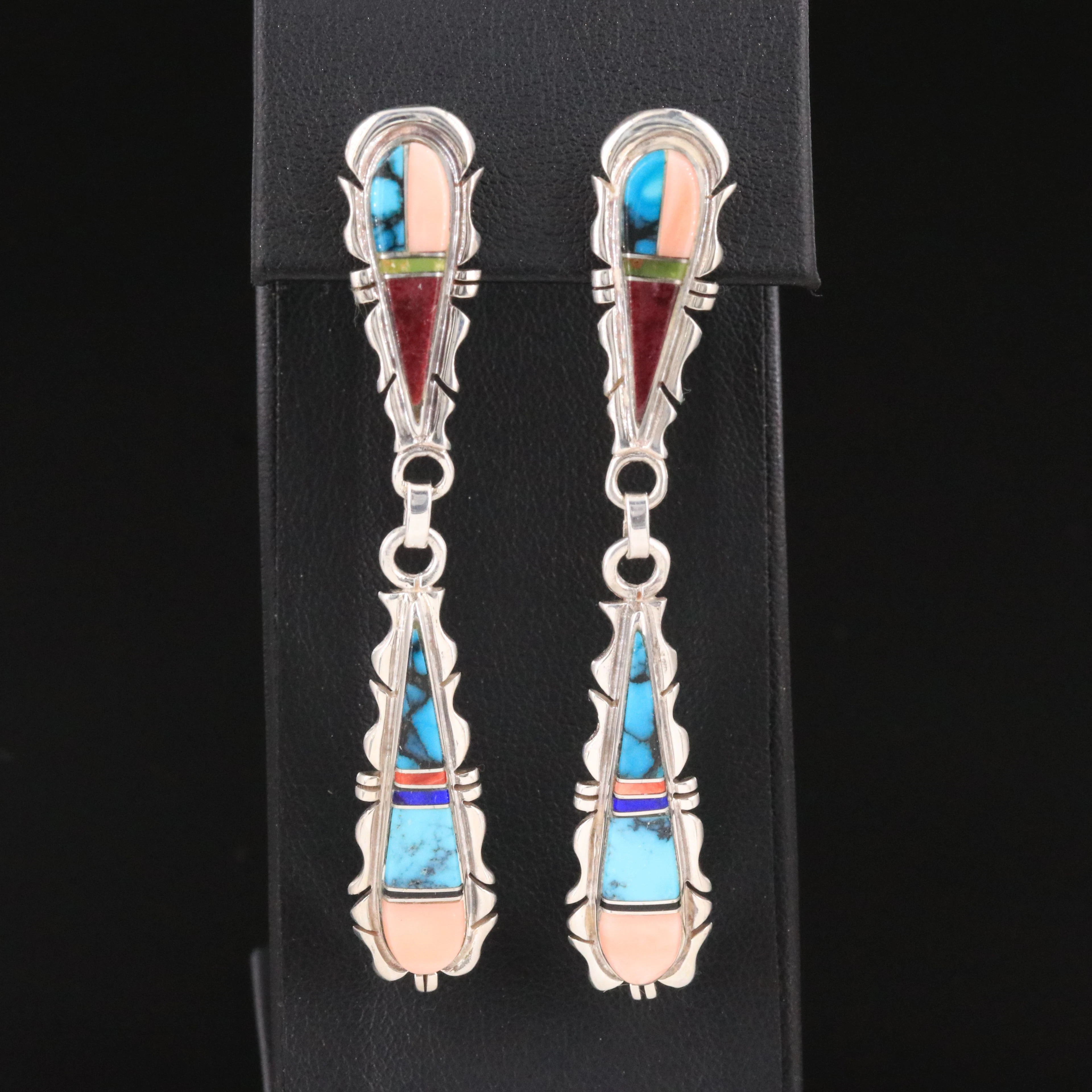 Signed Southwestern Sterling Turquoise and Coral Inlay & File Work Earrings