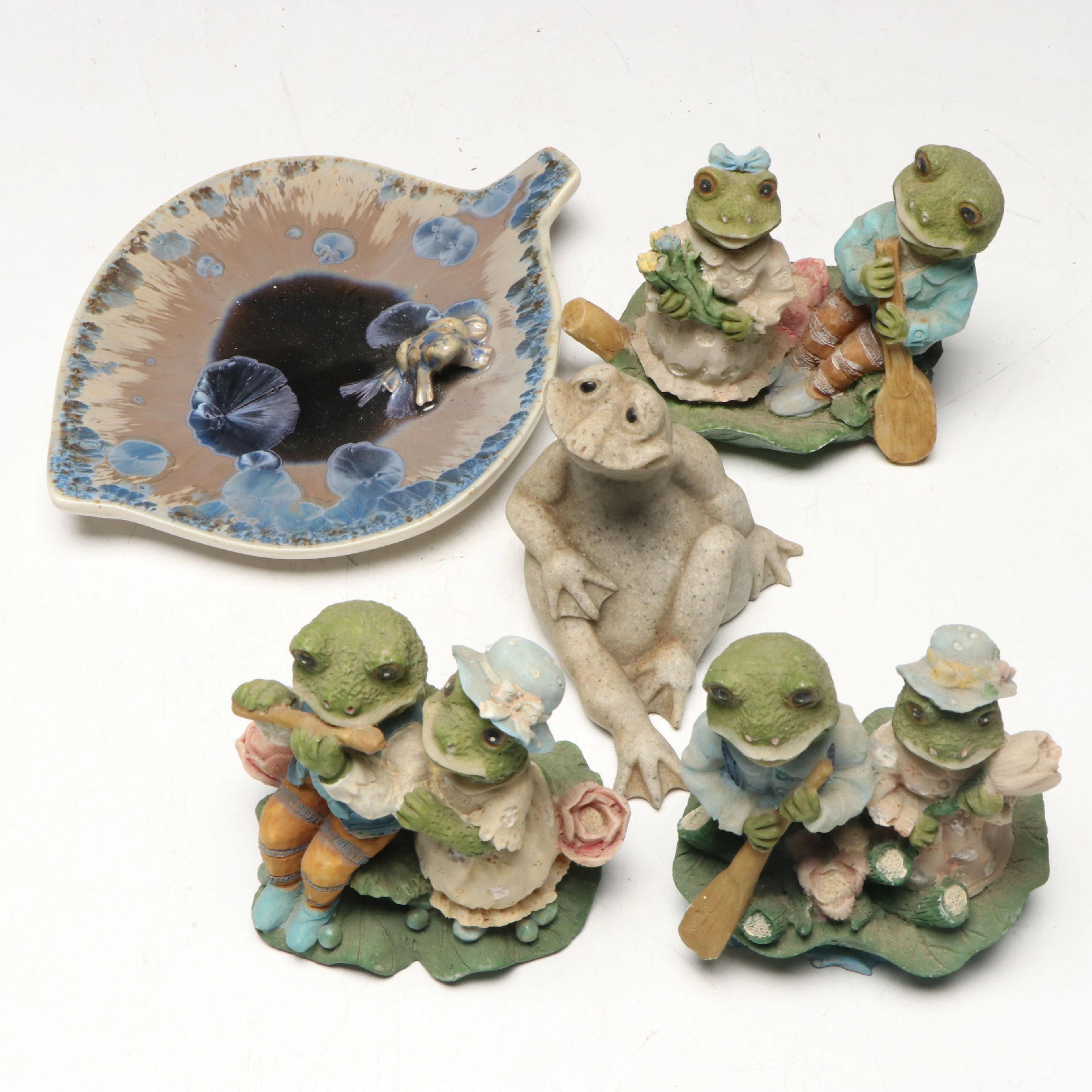 Artist Signed Ceramic Leaf Dish with Quarry Critters and More Frog Figurines