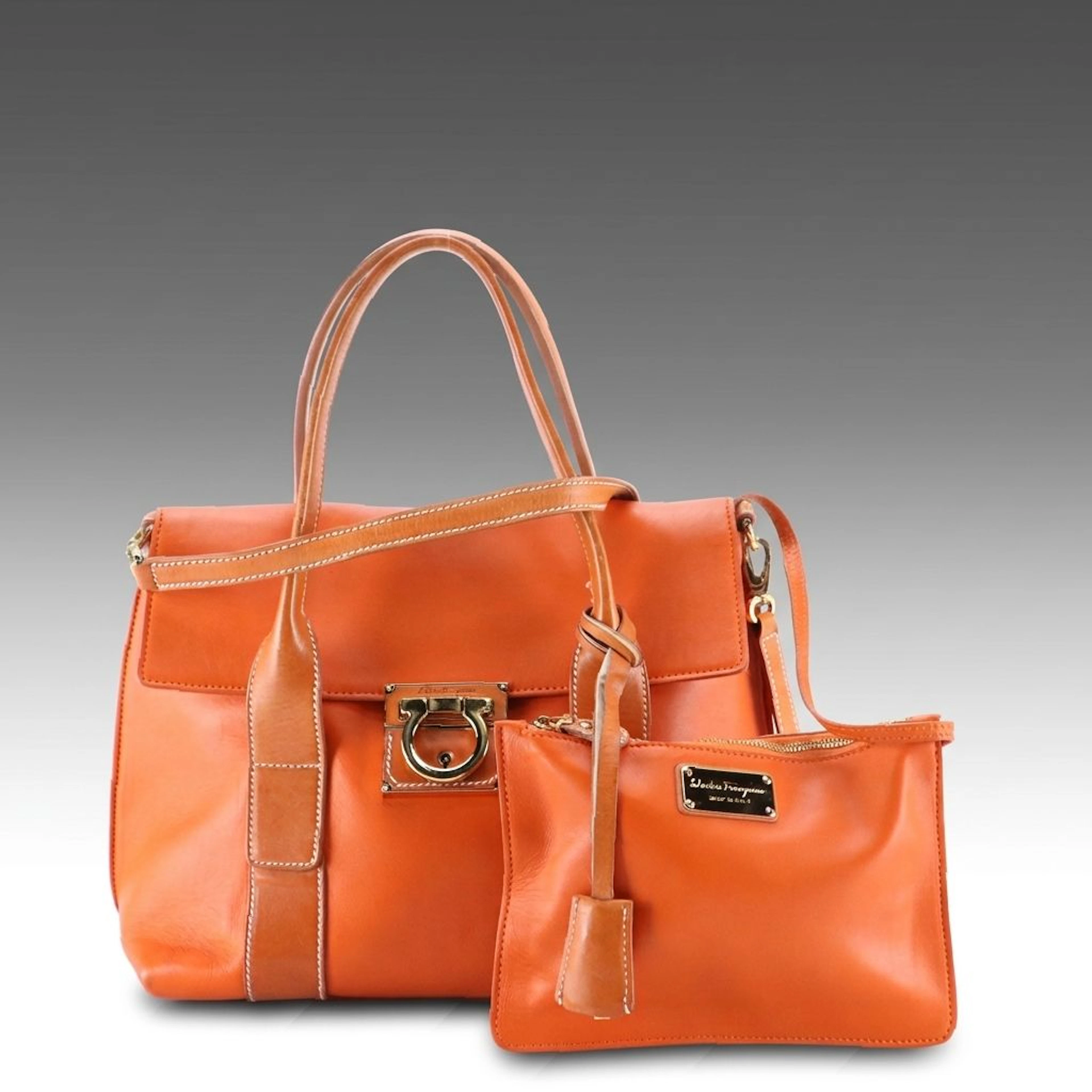 Salvatore Ferragamo Sookie Flap Satchel Bag in Calendula/Tan Calf Leather