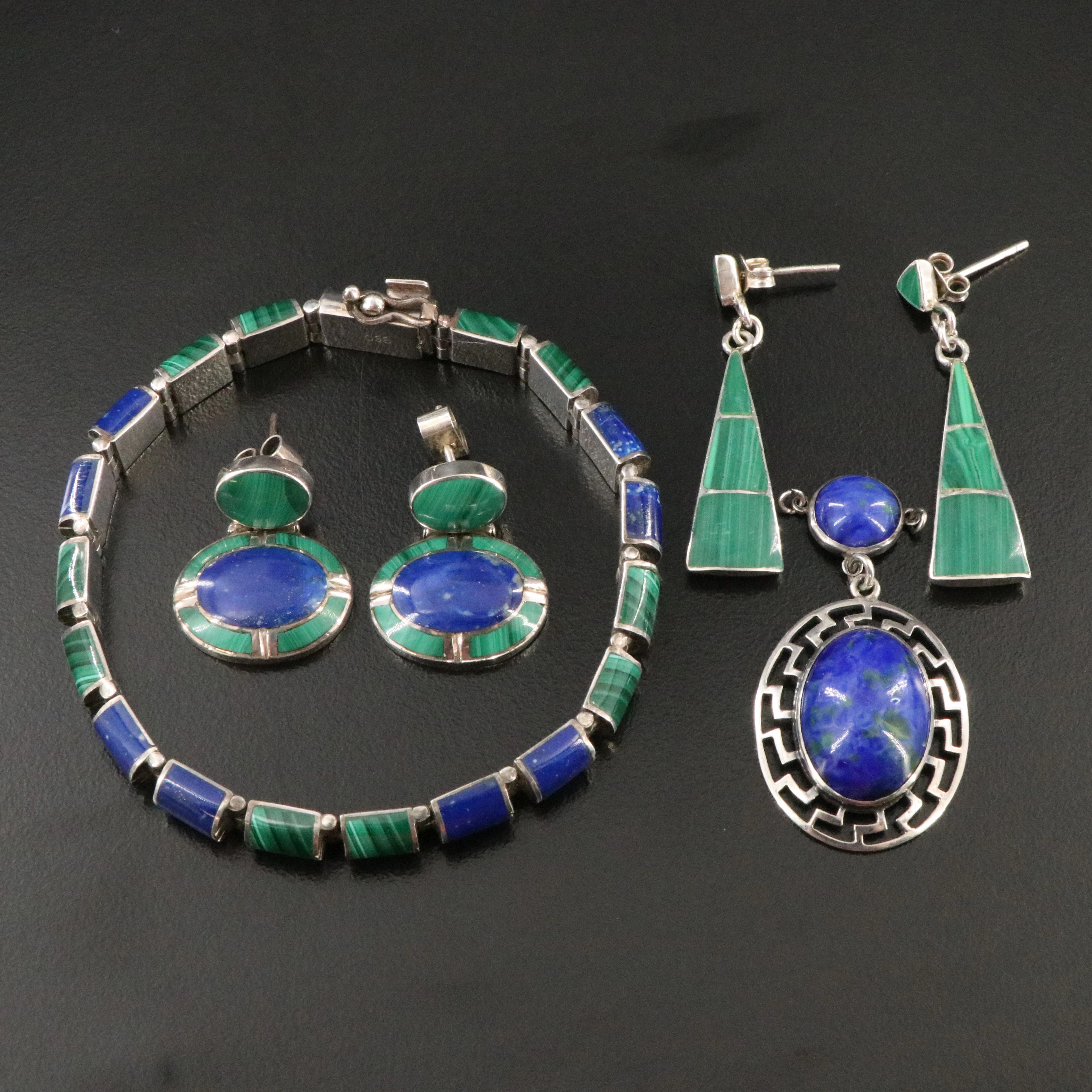 980 Silver Bracelet, Malachite and Lapis Lazuli Featured in Sterling Jewelry
