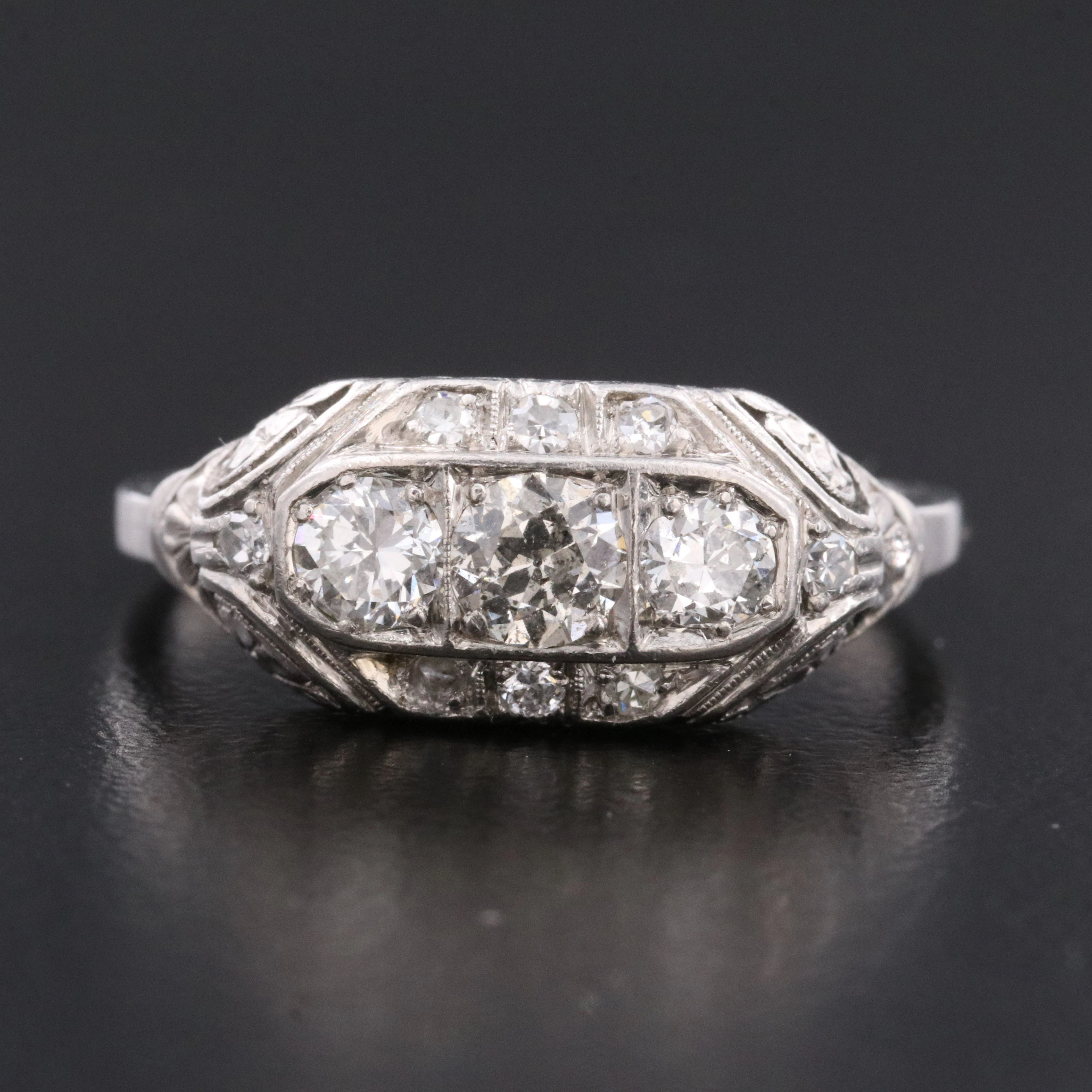 1940s Palladium 0.59 CTW Diamond Foliate Ring