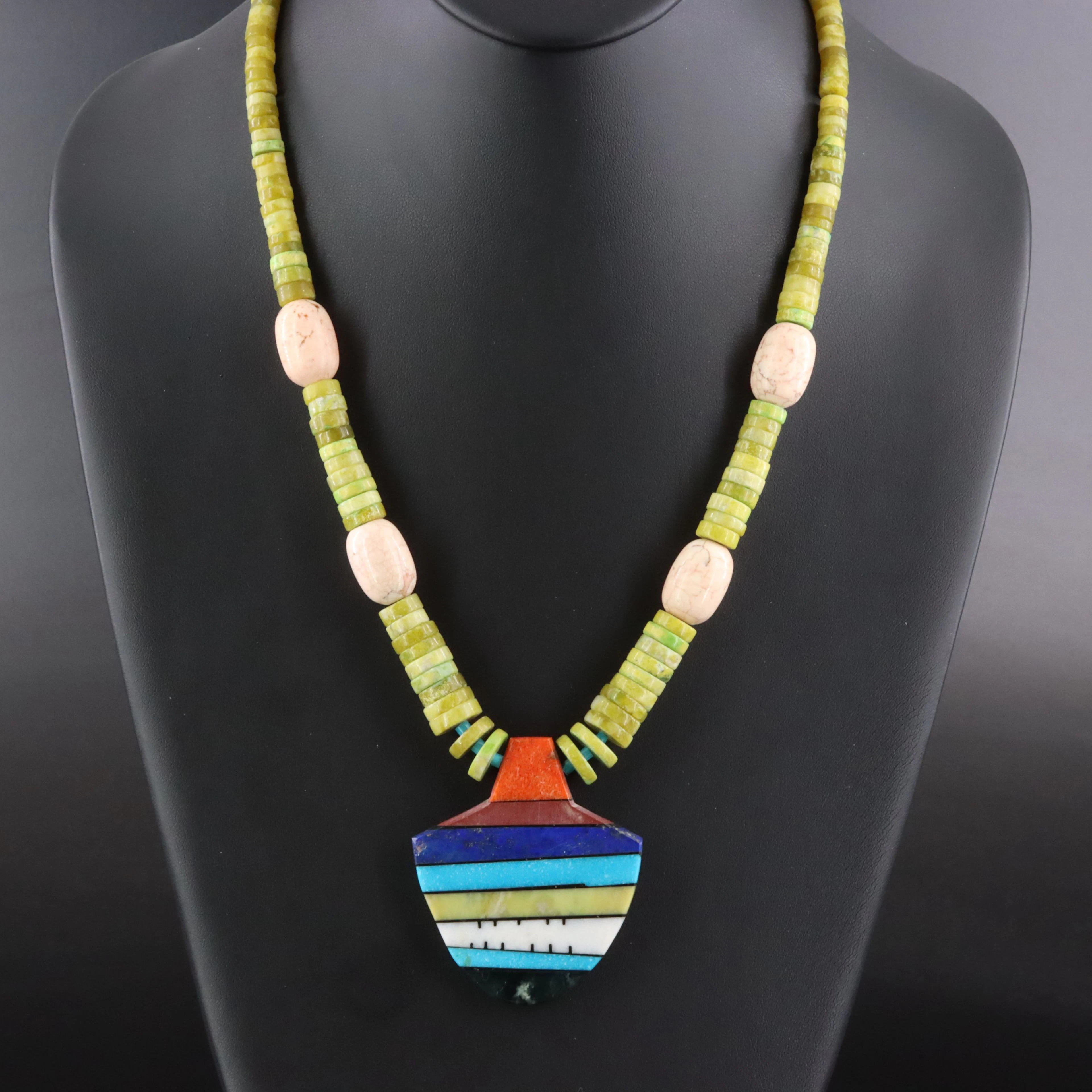 Southwestern Bead Necklace with Inlay Pendant Featuring Serpentine