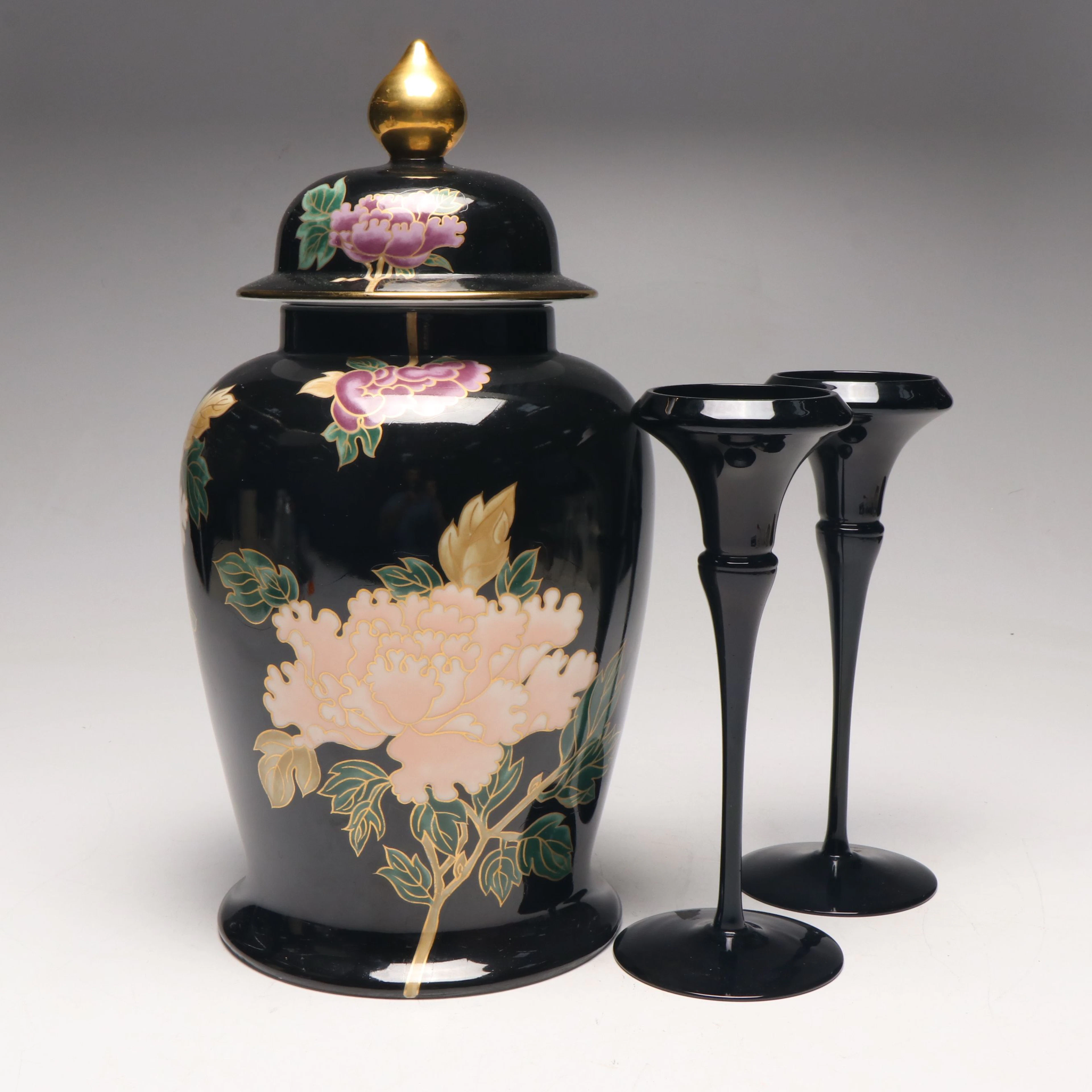 Fitz & Floyd "Cloisonne Peony" Porcelain Ginger Jar and Oneida Crystal Décor