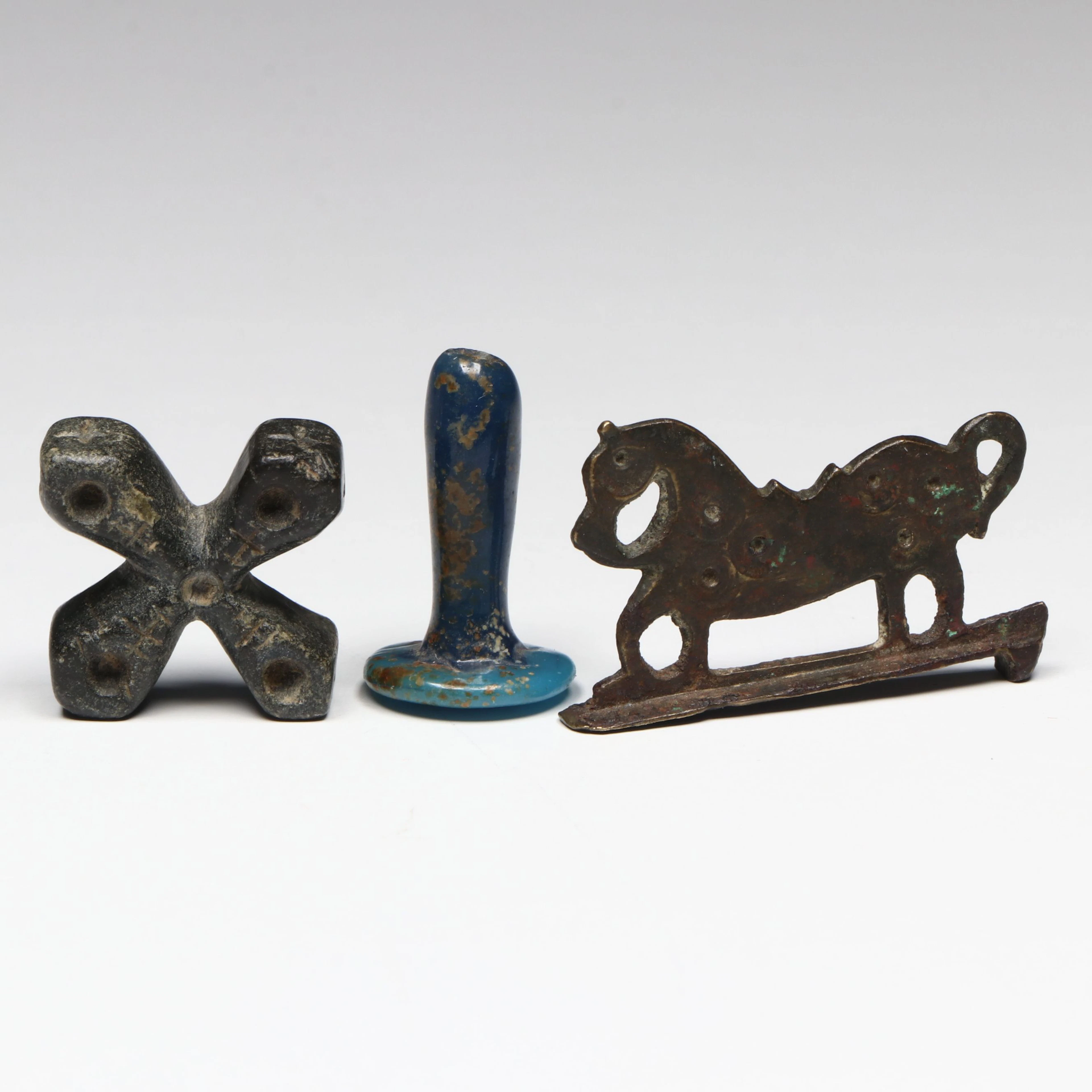 Byzantine Bronze Fire Steel and Item with Ancient Roman Glass Piece