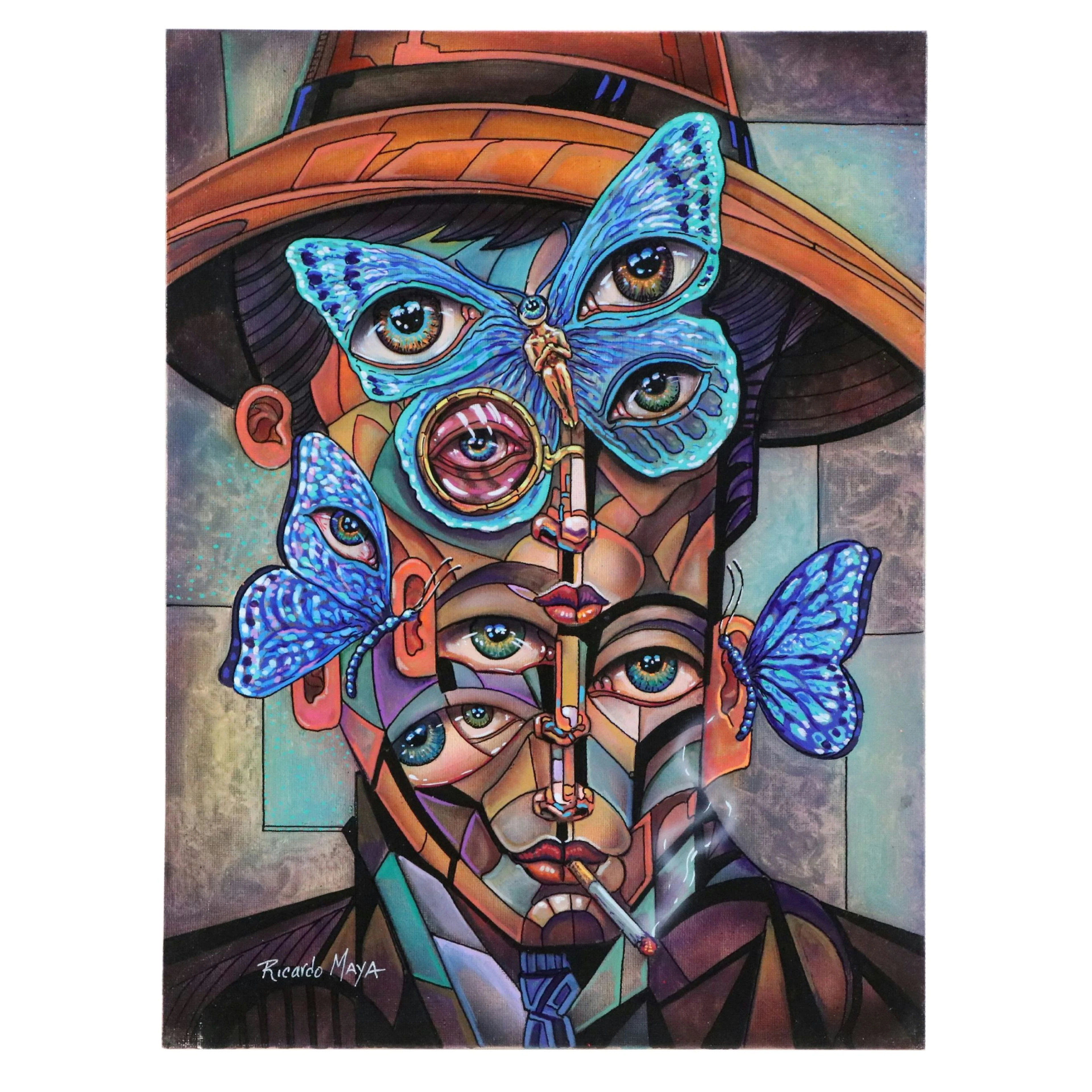 Ricardo Maya Acrylic Painting of Surrealist Face with Butterfly