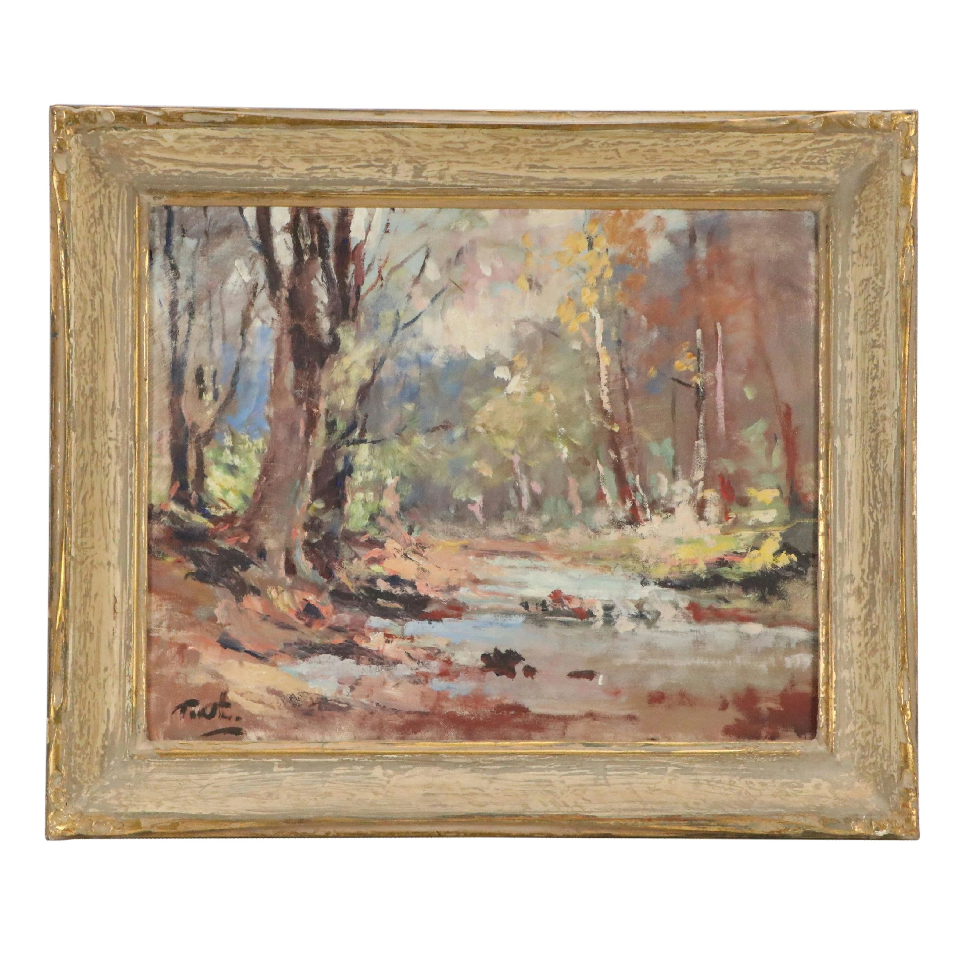 Impressionist Style Forest Landscape Oil Painting, Mid 20th Century