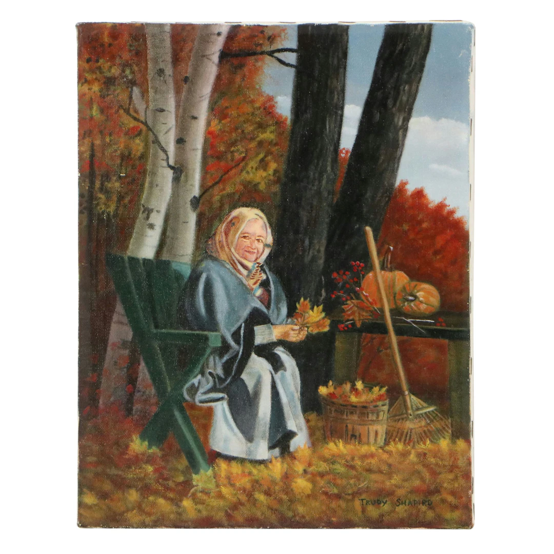 Trudy Shapiro Oil Painting of Fall Scene with Woman, Late 20th or 21st Century