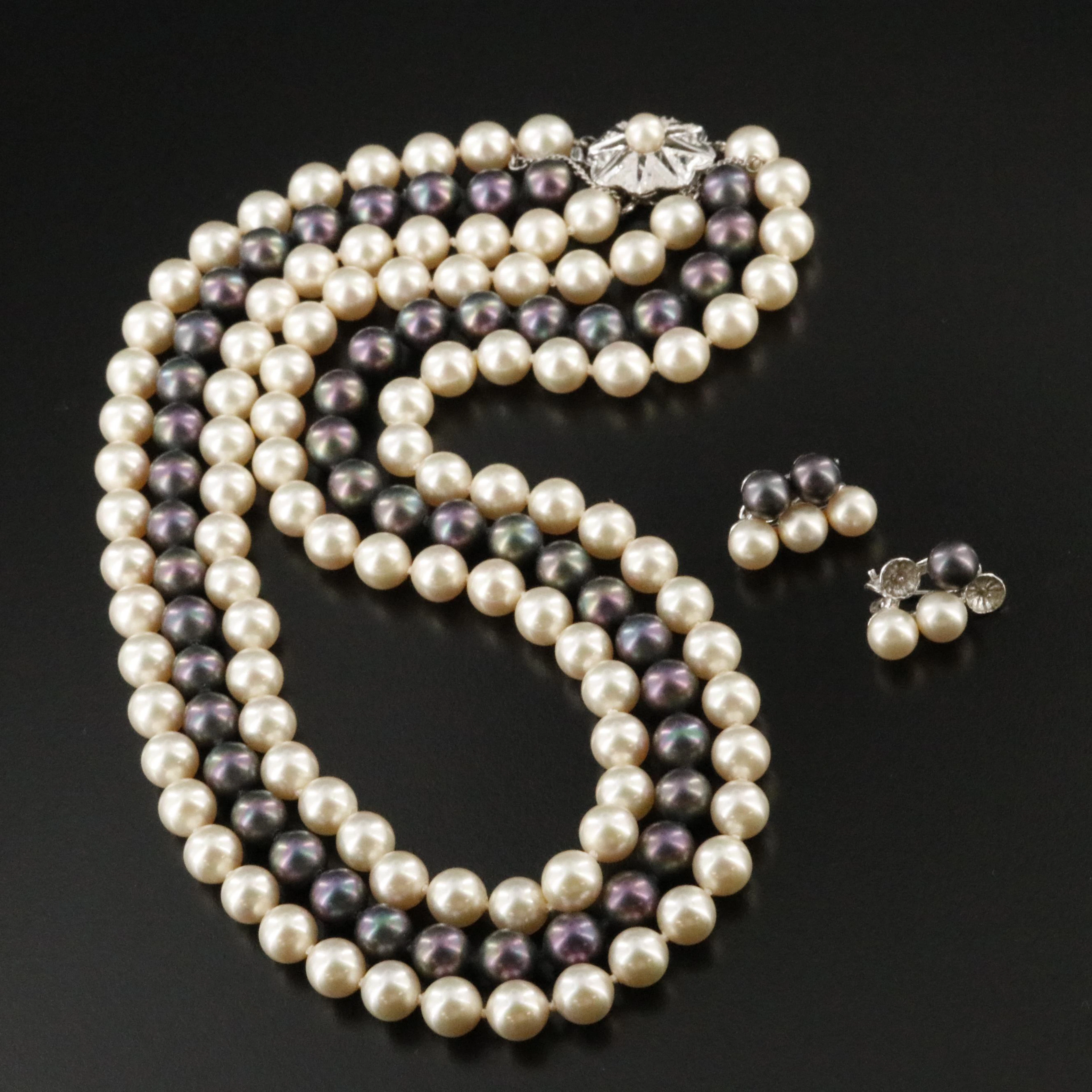 Majorica Imitation Pearl Triple Strand Necklace and Clip Earrings