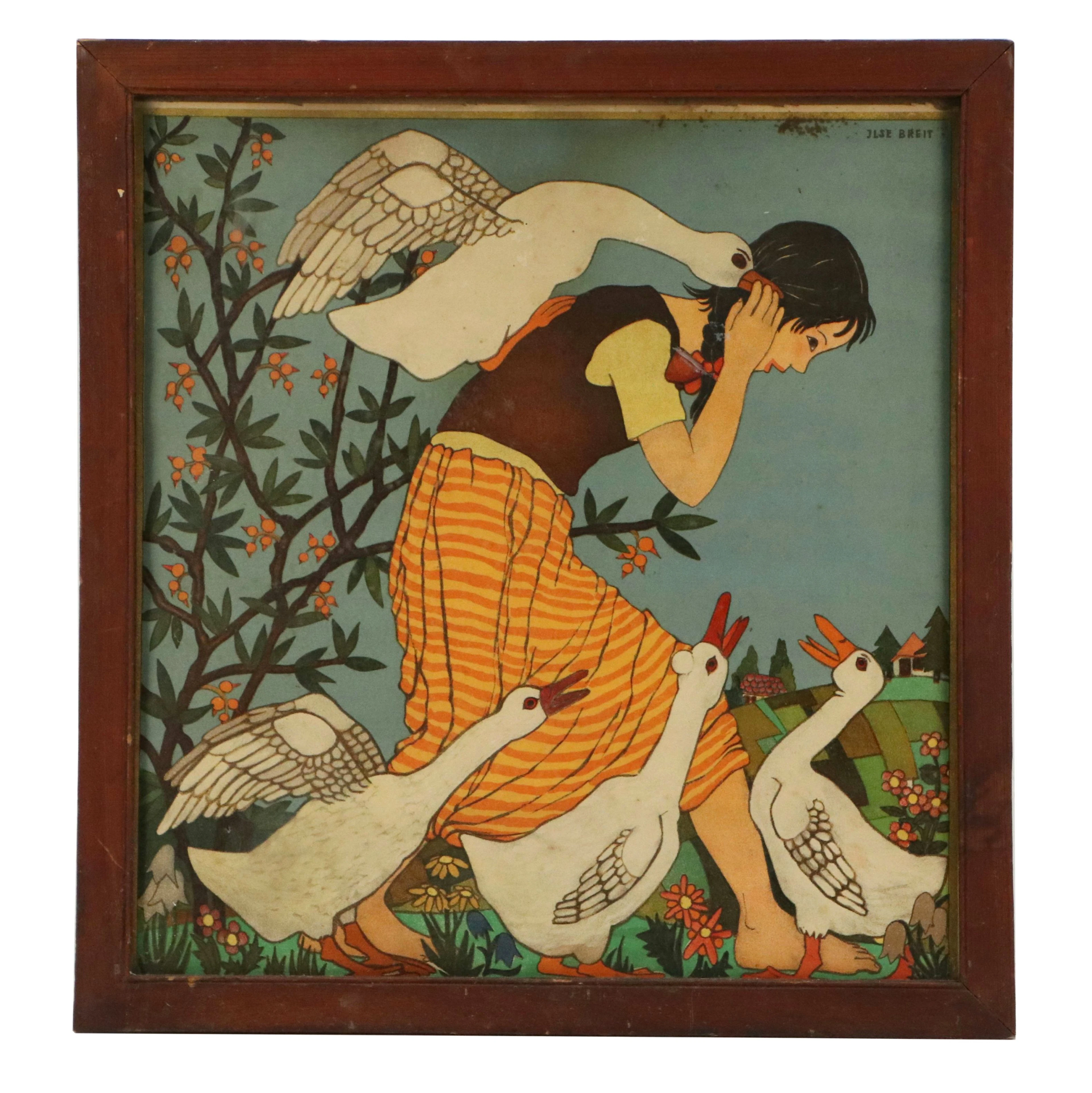 Ilse Breit Folk Art Lithograph "Goose Girl," Circa 1920s