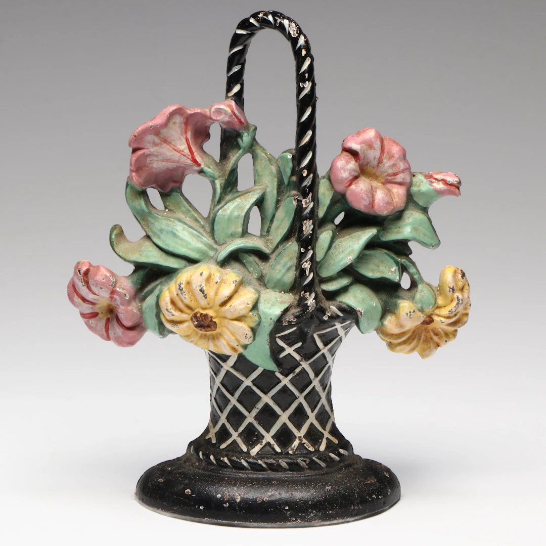 Antique Hand-Painted Cast Iron Flower Basket Doorstop, Early 20th Century