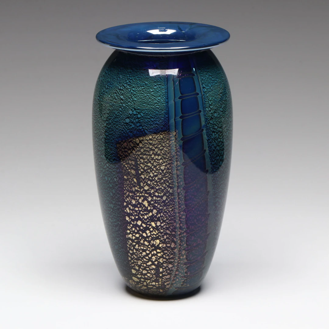 Robert Eickholt Iridescent Blue and Gold Art Glass Vase, 1993