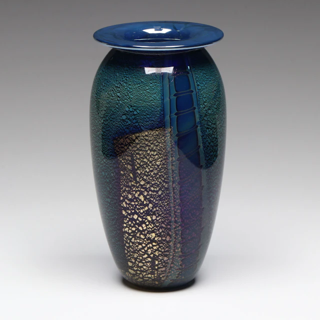 Robert Eickholt Iridescent Blue and Gold Art Glass Vase, 1993