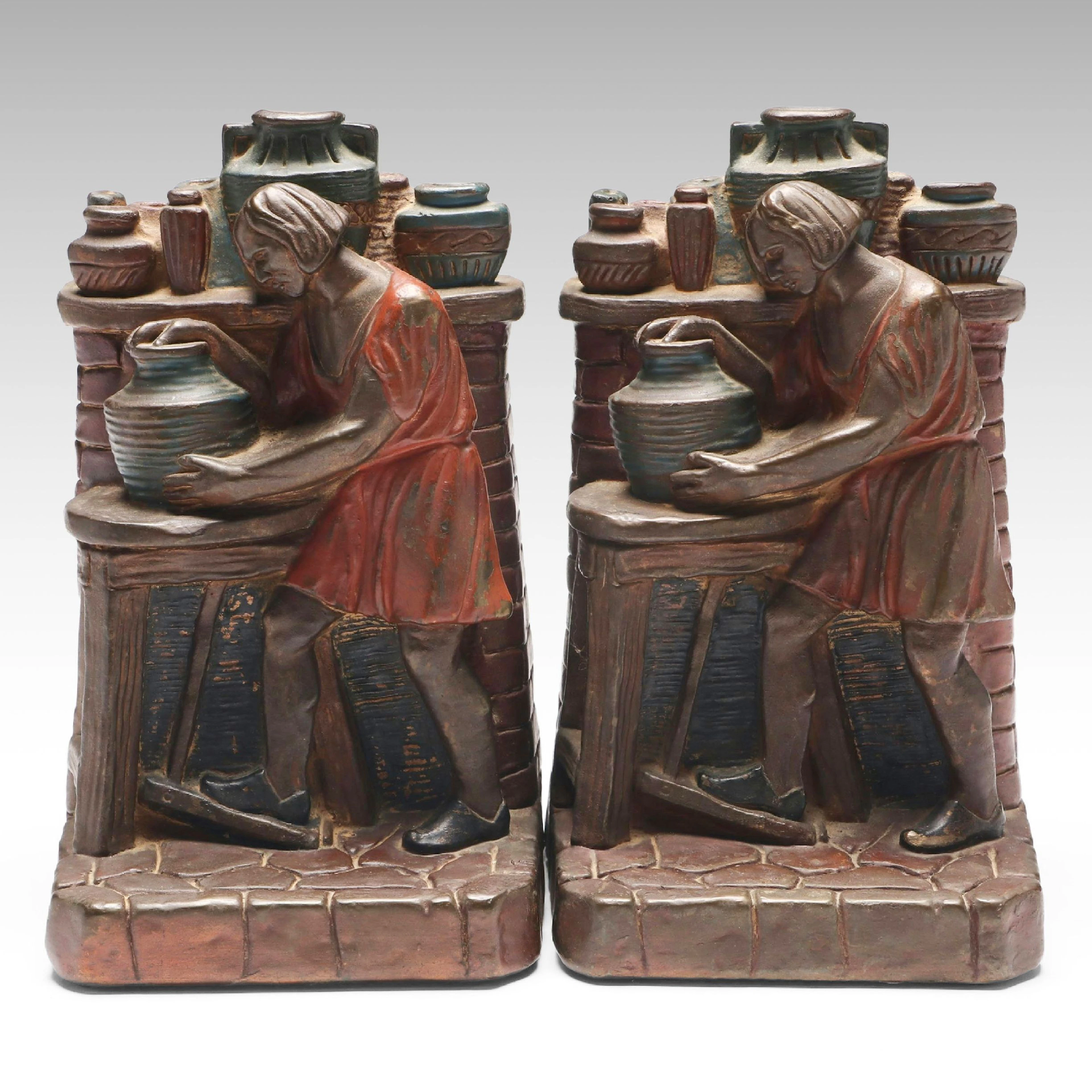 Armor Bronze "Ye Olde Pottery" Cast Metal Bookends After John Ruhl