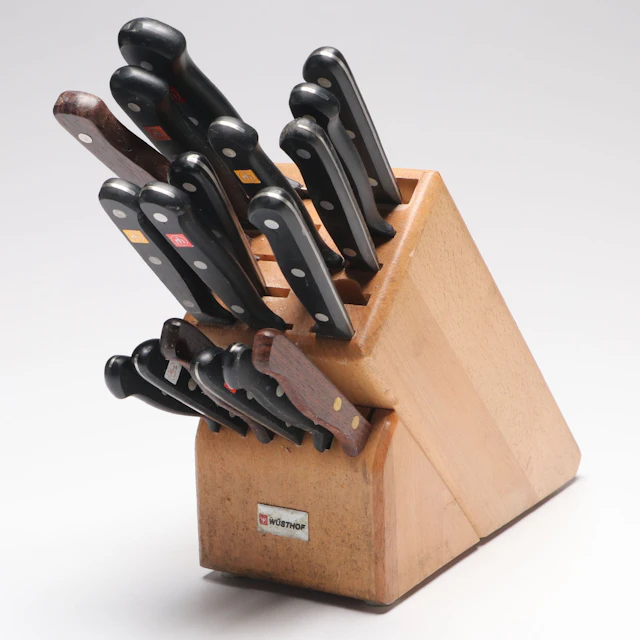 Wüsthof and Other Stainless Blade Kitchen Knives with Wooden Knife Block