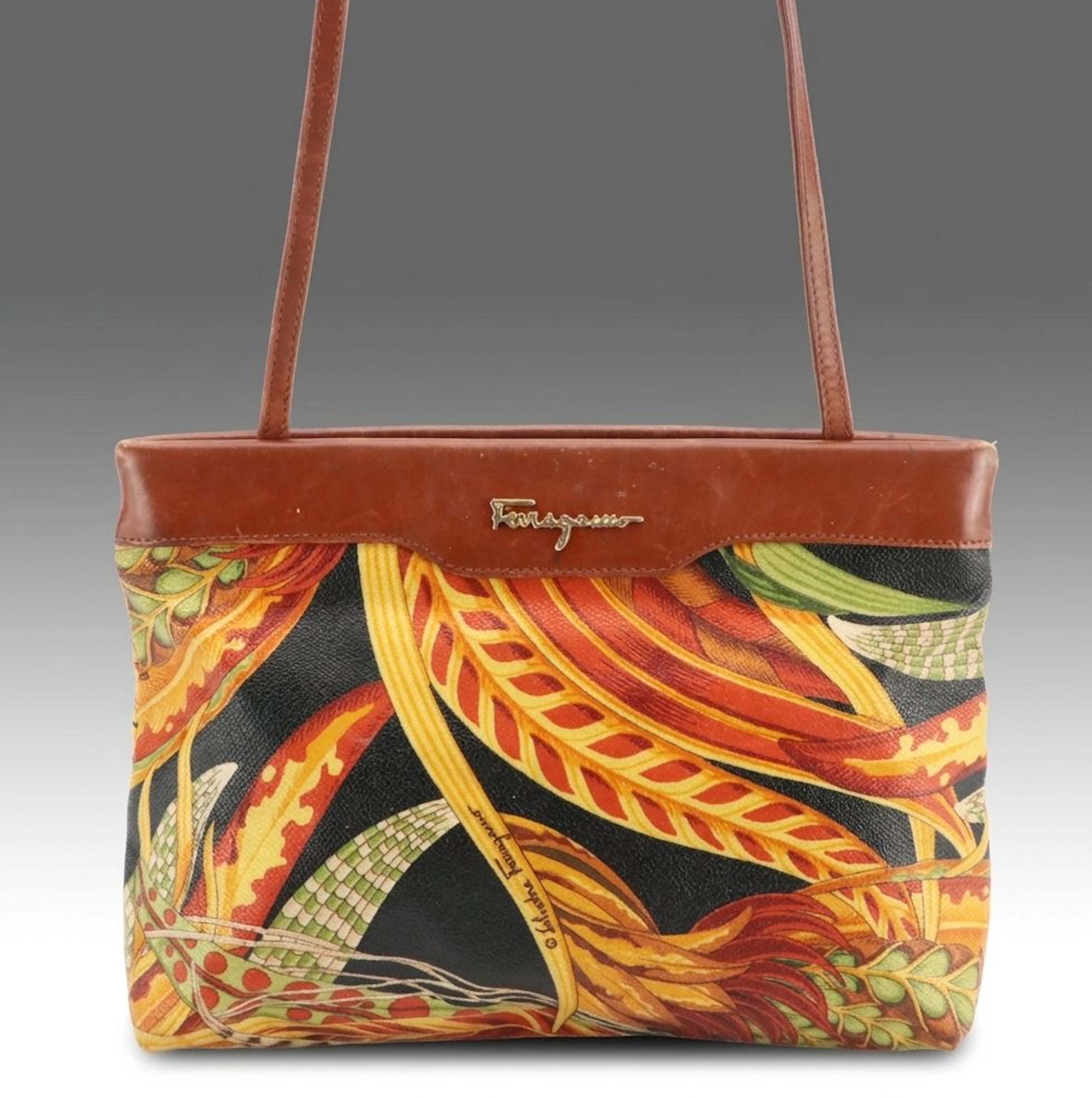 Salvatore Ferragamo Flex-Frame Clutch/Shoulder Bag in Foliate Coated Canvas