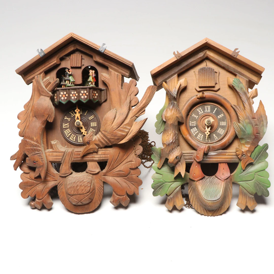 Black Forest Style Wood Cuckoo Clocks, Vintage