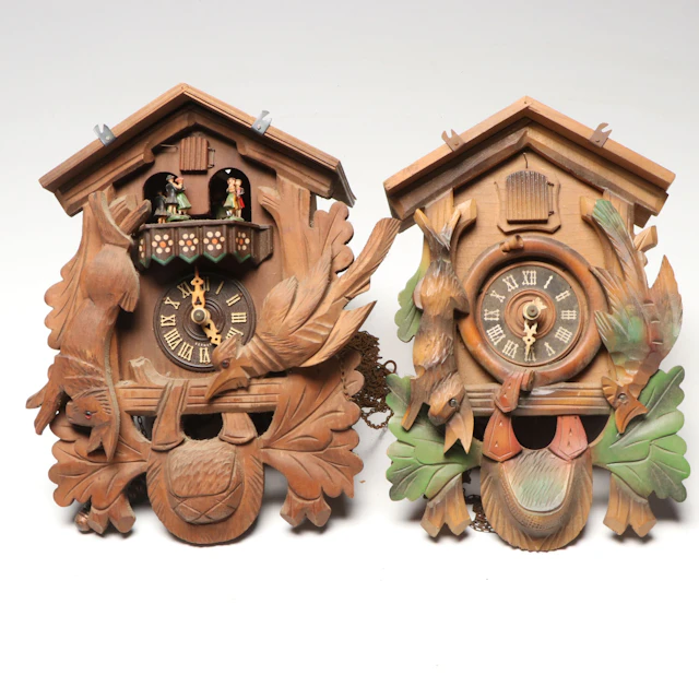 Black Forest Style Wood Cuckoo Clocks, Vintage