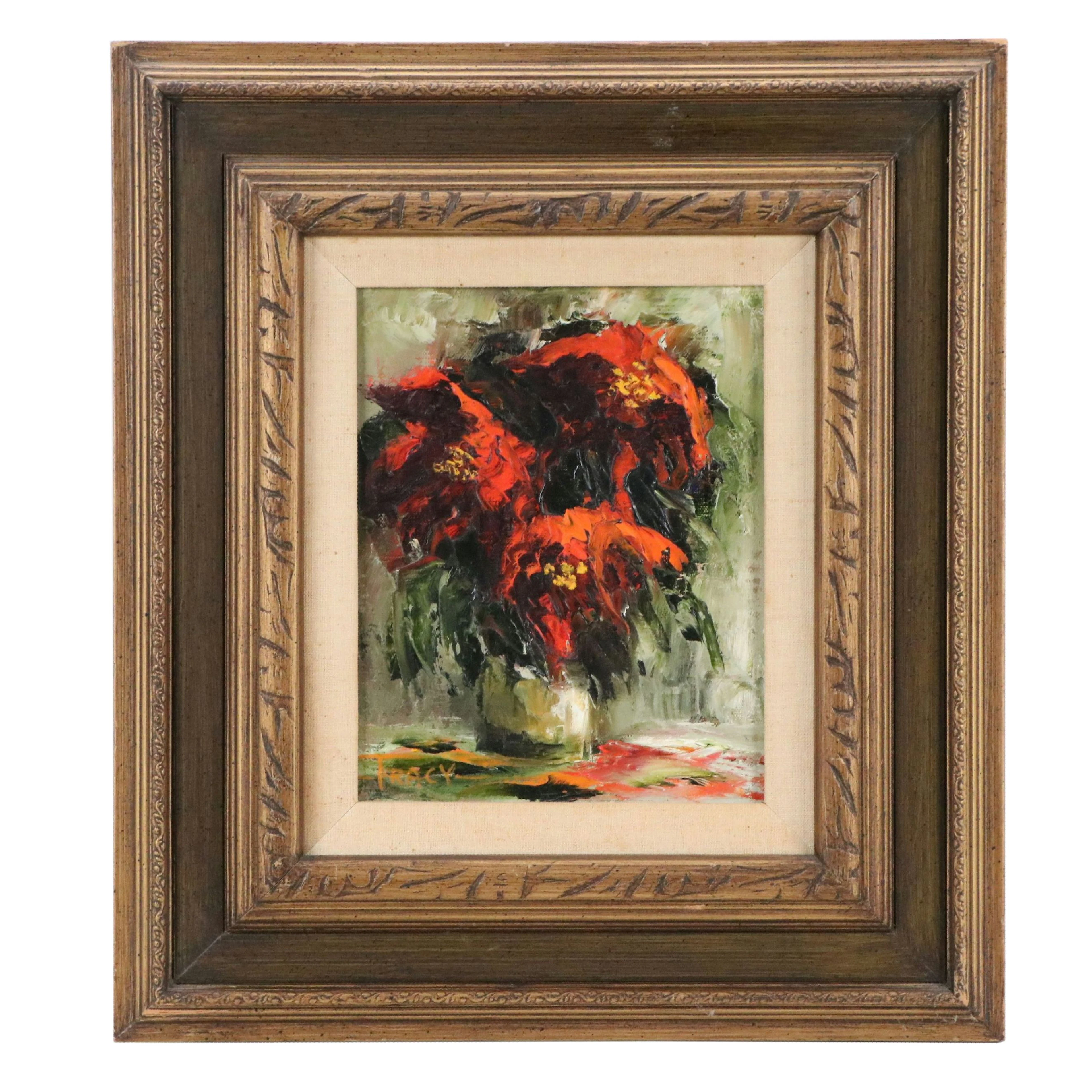 Floral Still Life Oil Painting of Poinsettias in Vase, 20th Century