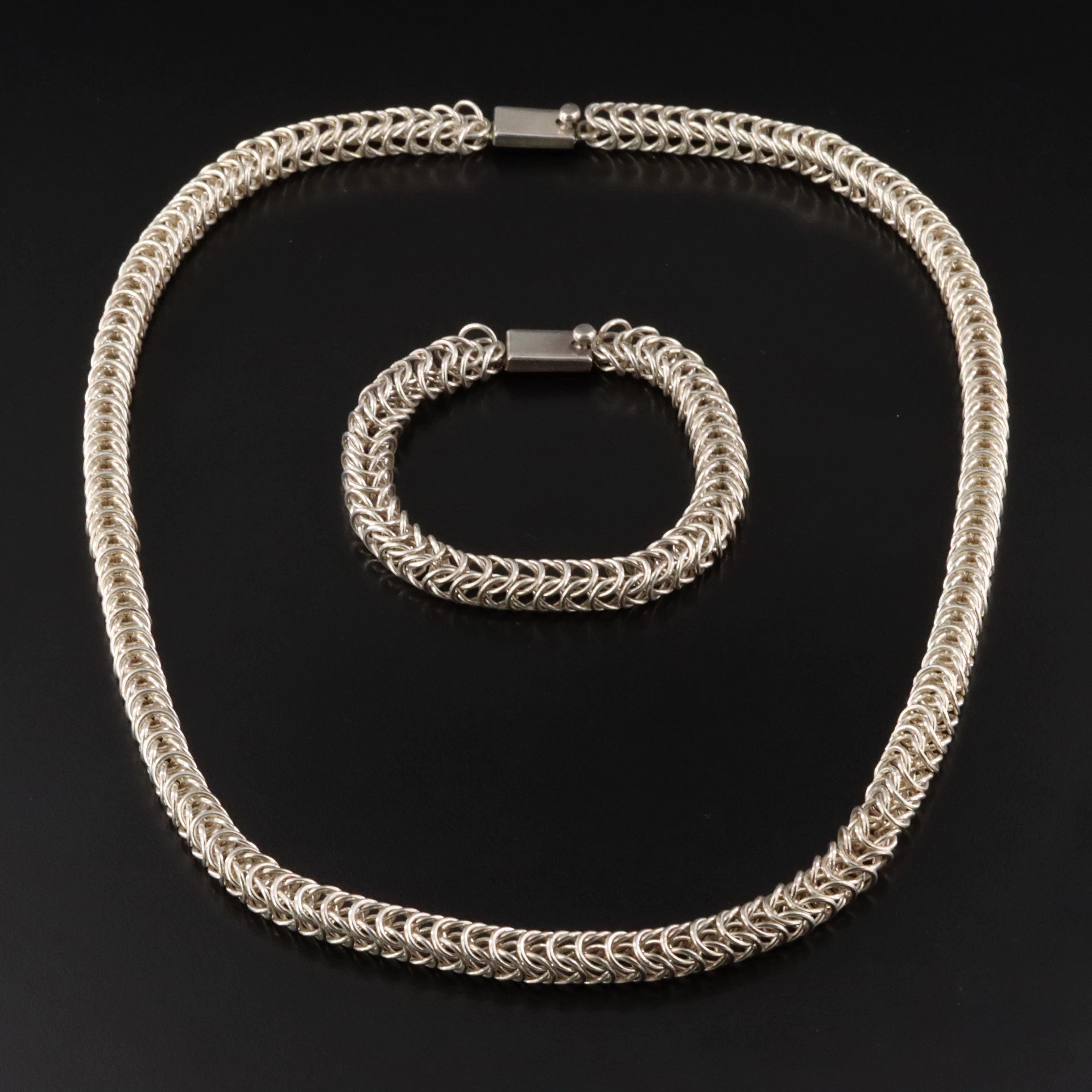 Taxco, Mexico Sterling Byzantine Chain Necklace and Bracelet Set