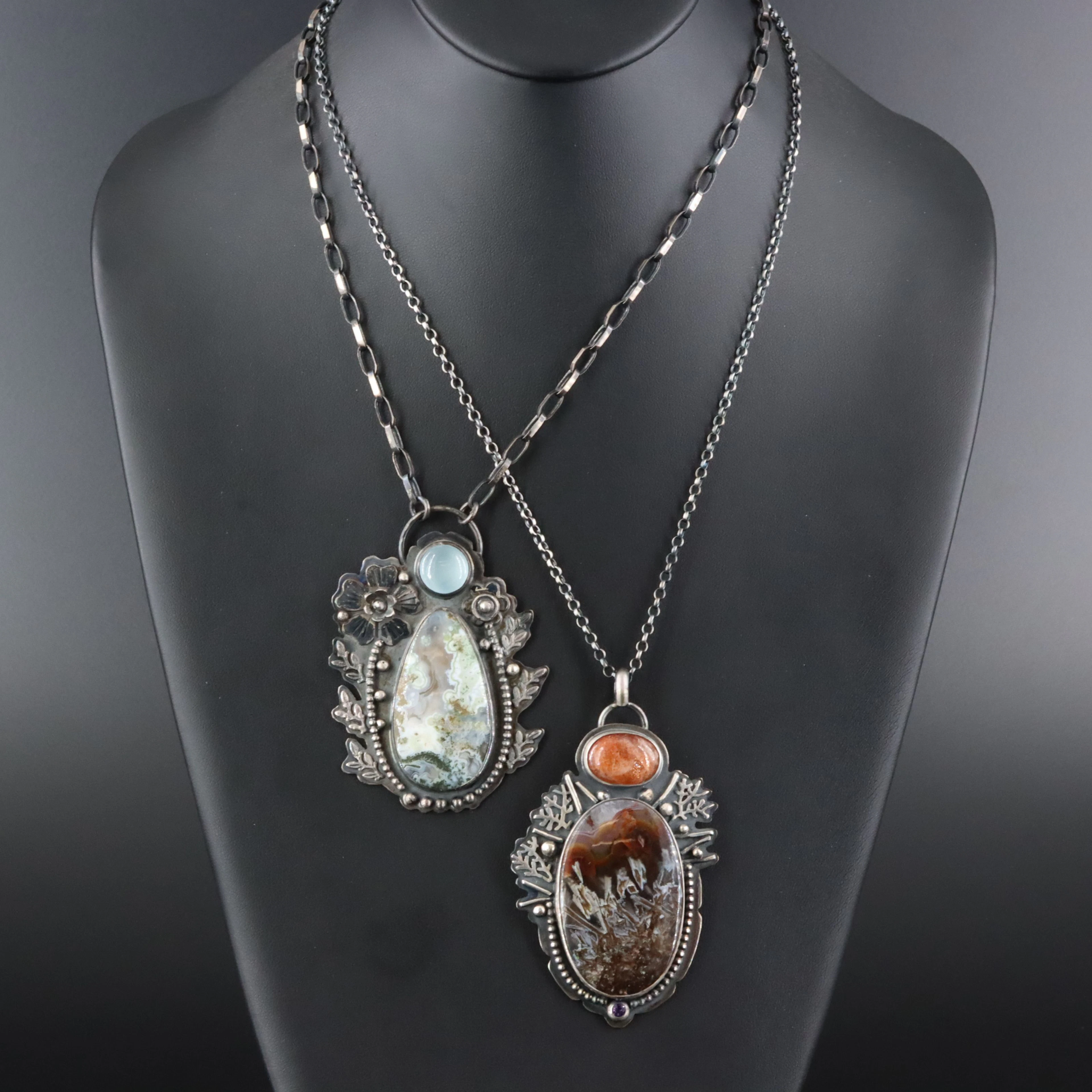 EON Designs Sterling Pendant Necklaces Featuring Agate, Sunstone and Aquamarine