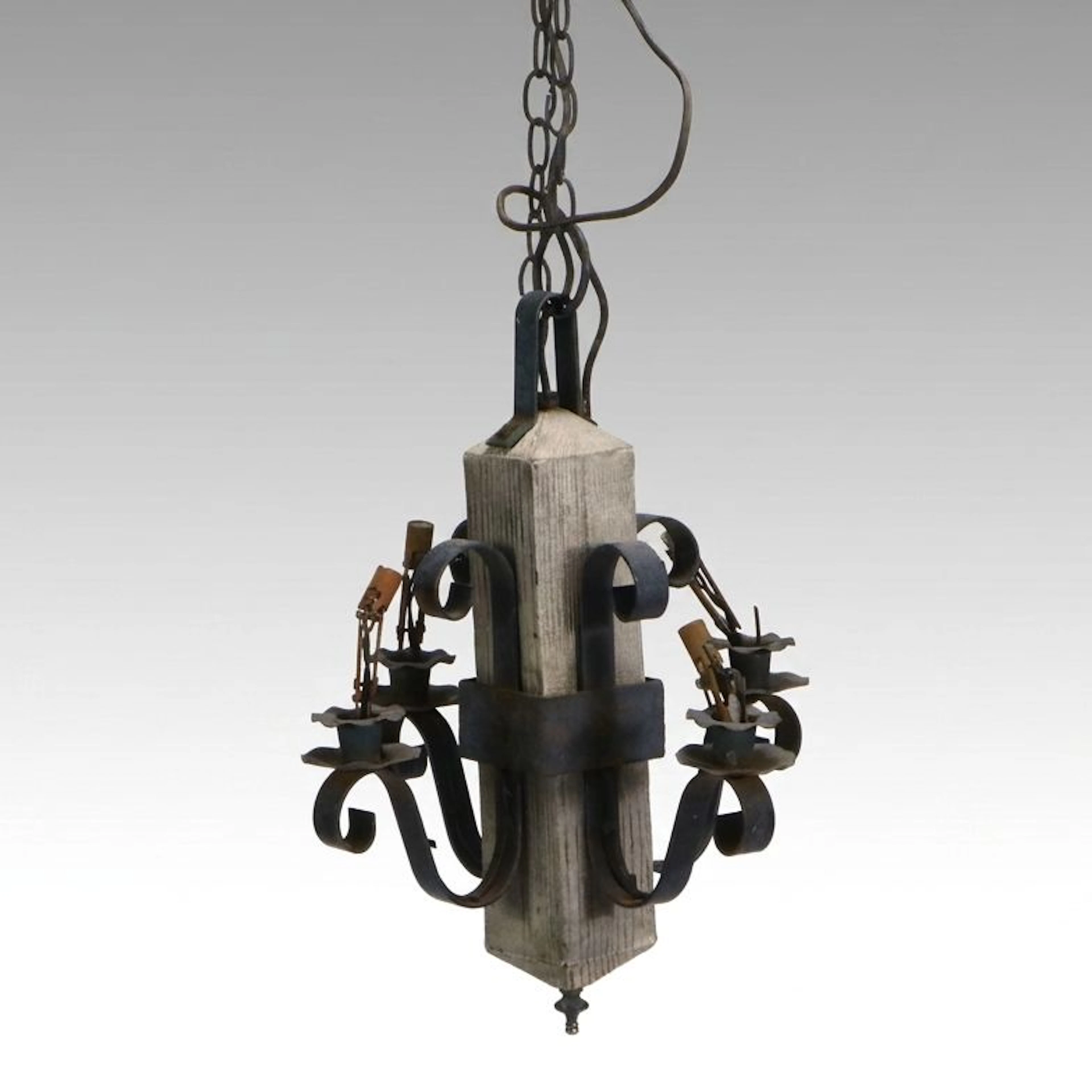 Spanish Revival Style Wrought Iron Scrolled Chandelier Wrapped Around Wood Post