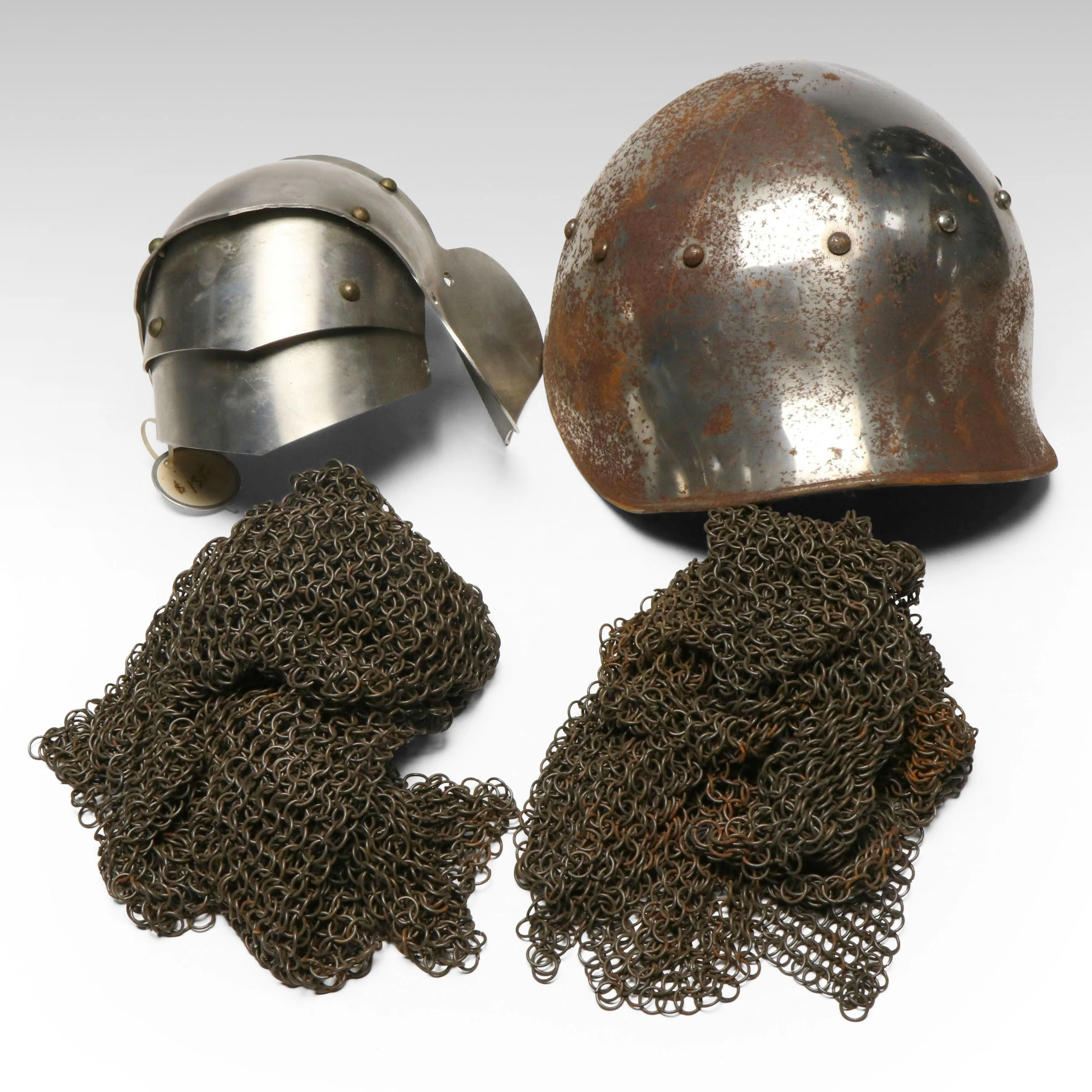 Medieval Style Bascinet Helmet Piece, Metal Chainmail, and Partial Armor