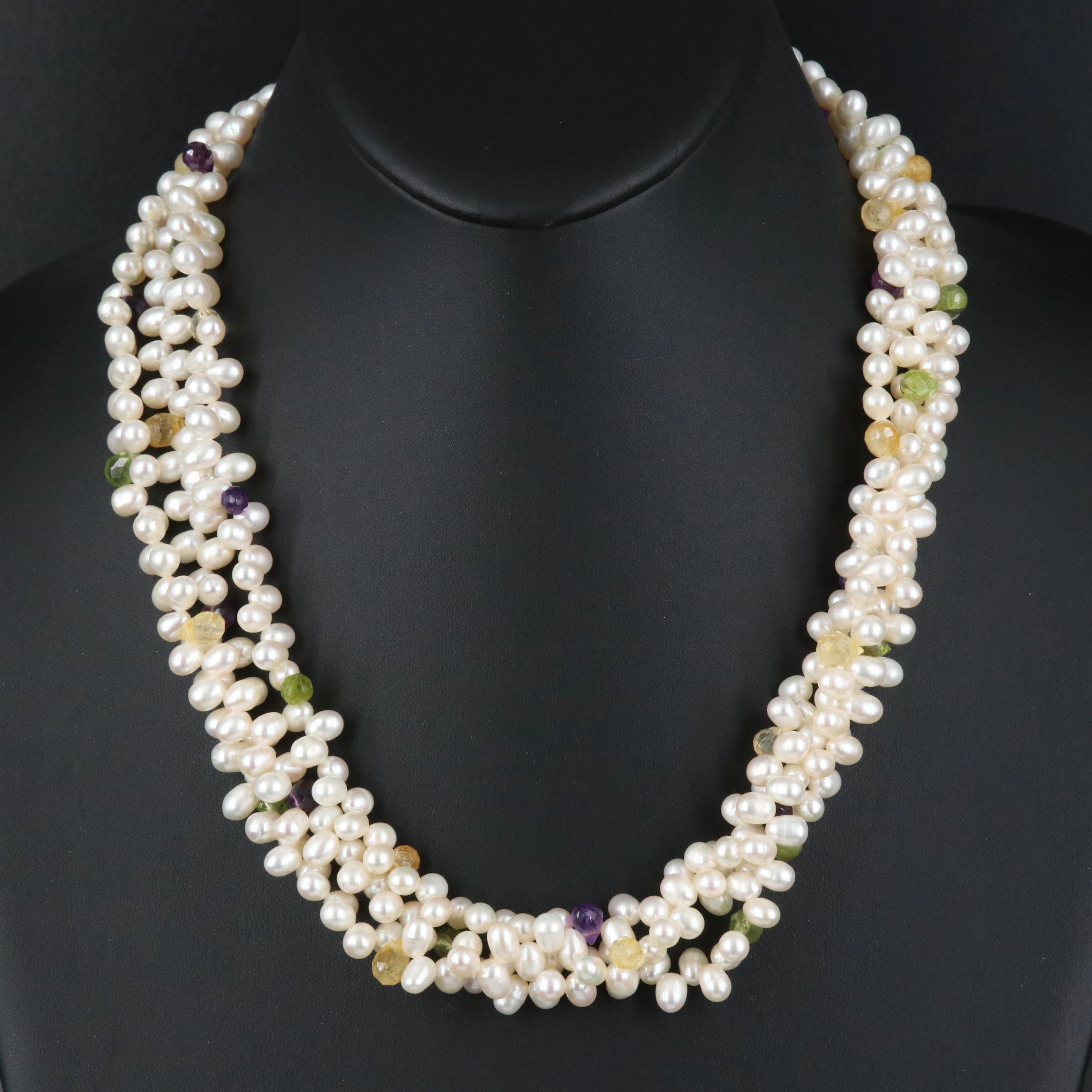 Triple Stand Pearl, Peridot and Amethyst Necklace with Sterling Clasp