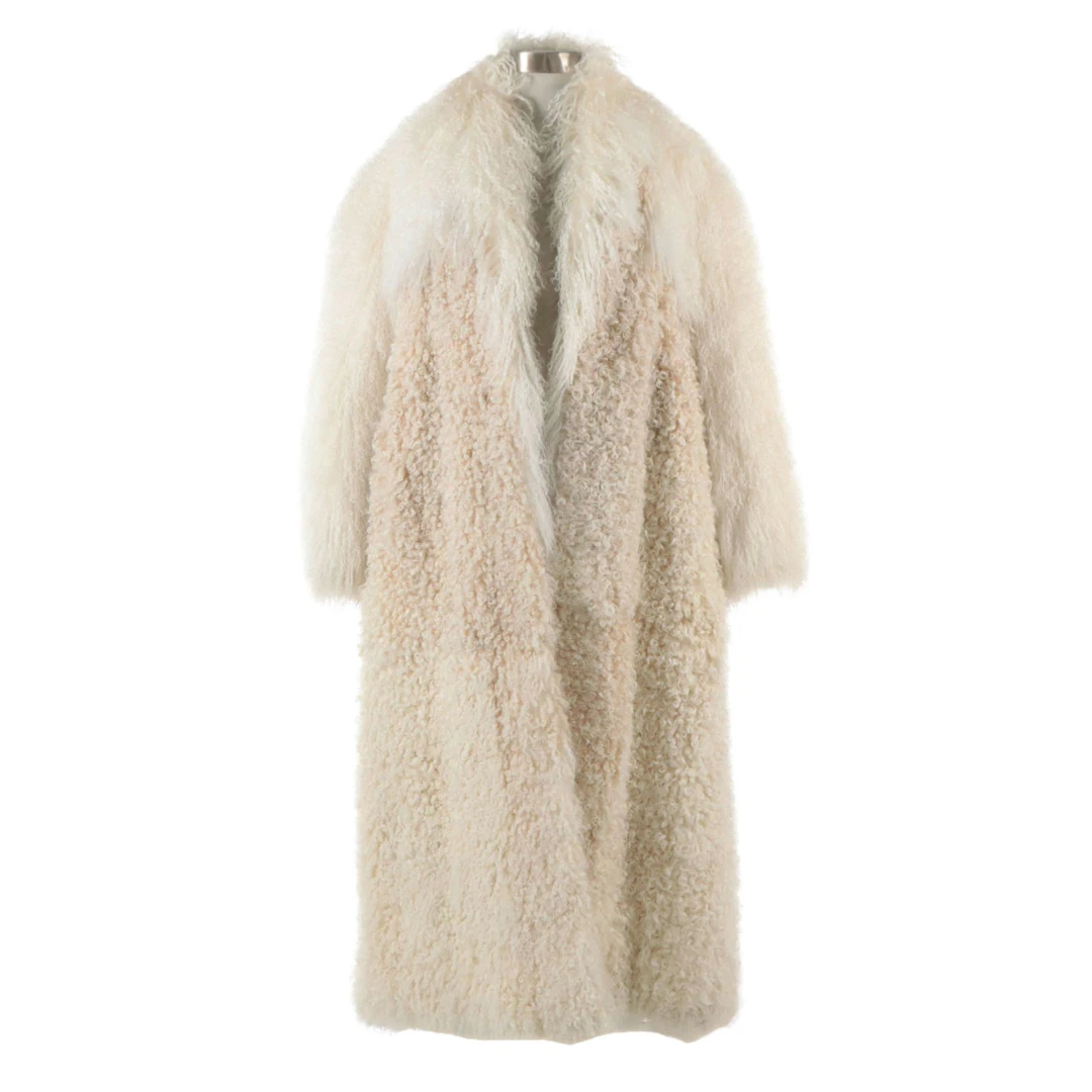 White Curly Lamb and Mongolian Lamb Fur Full Length Coat