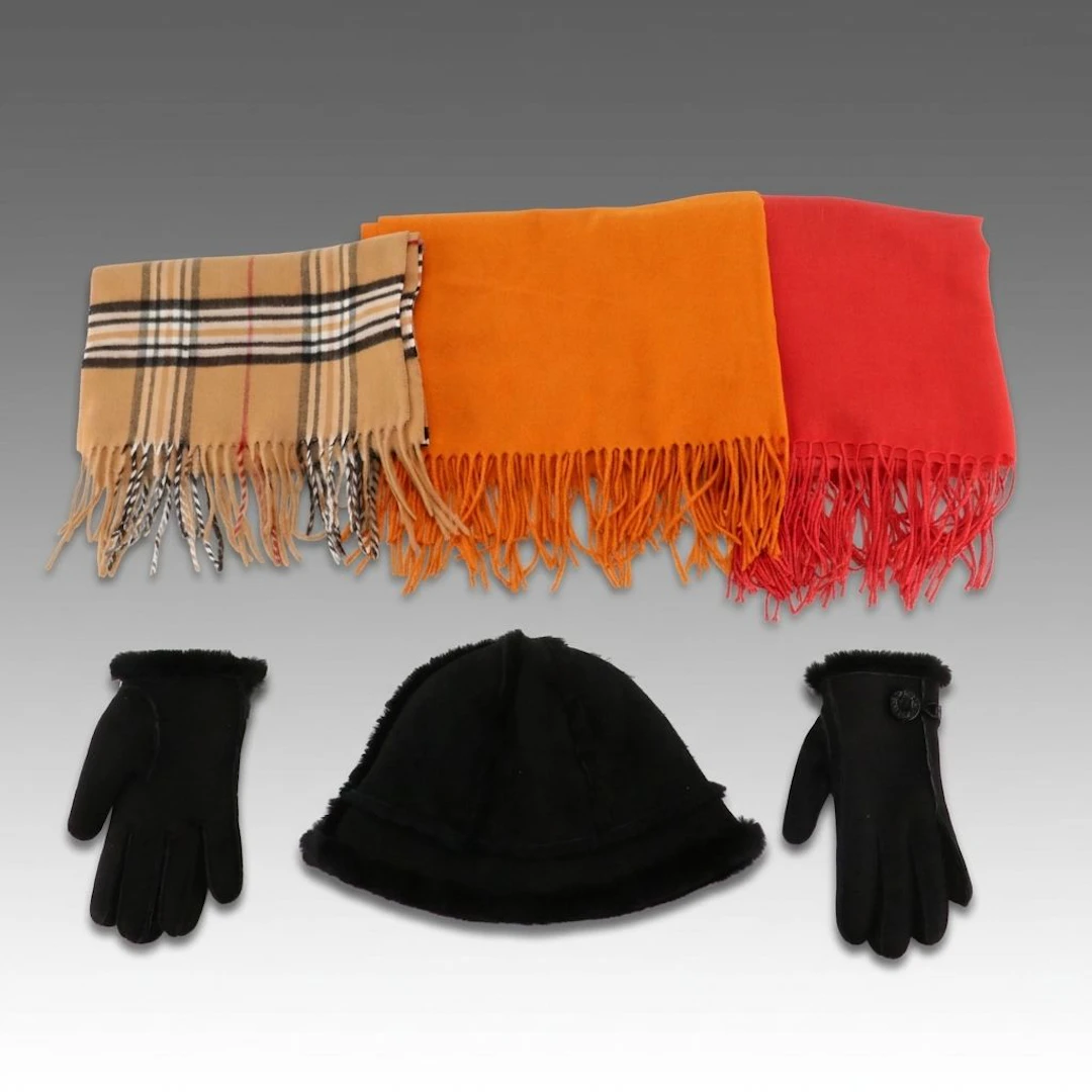UGG Shearling Spill Seam Bucket Hat and Gloves with Other Cashmere