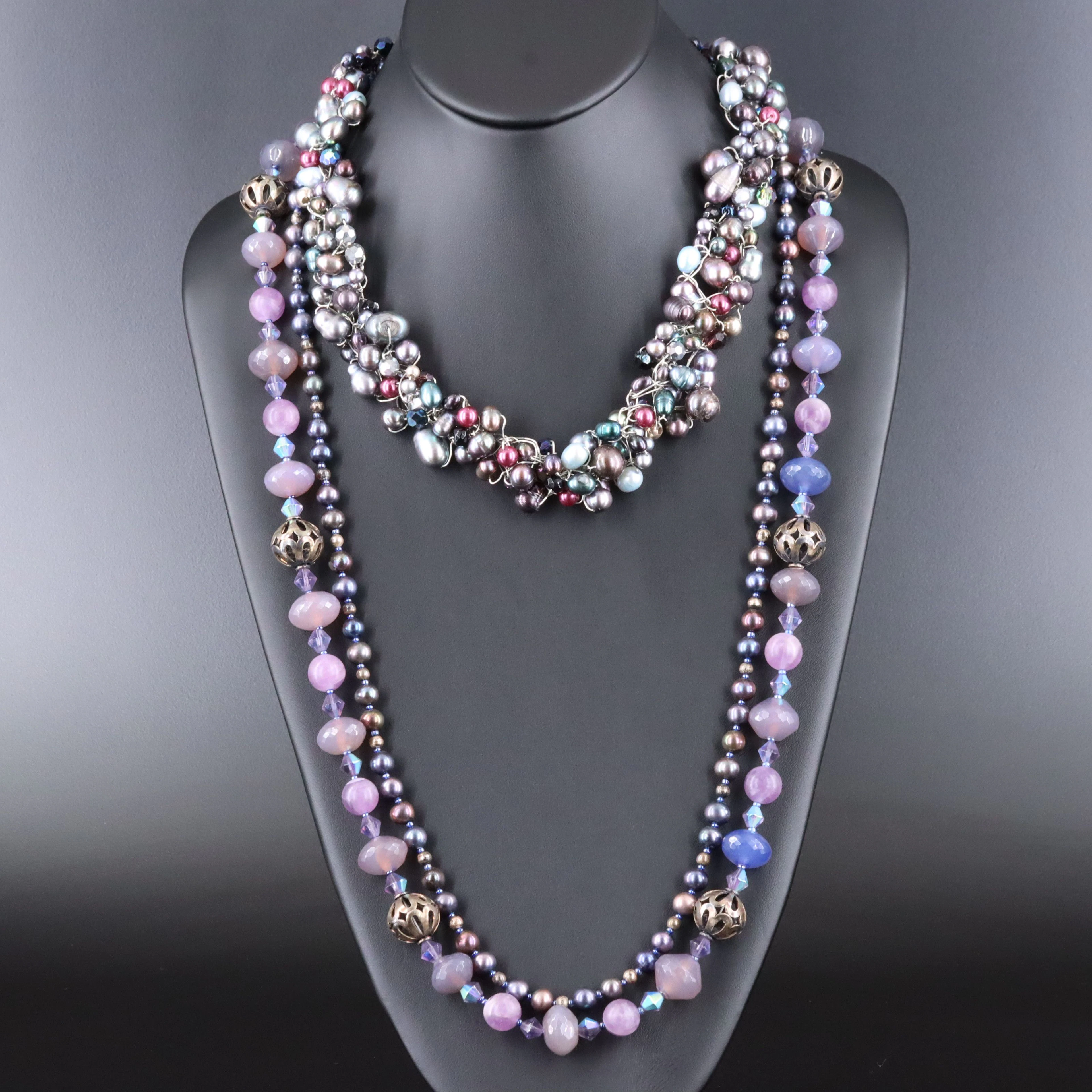 Chalcedony, Amethyst and Pearl Featured in Necklaces with Sterling Accents