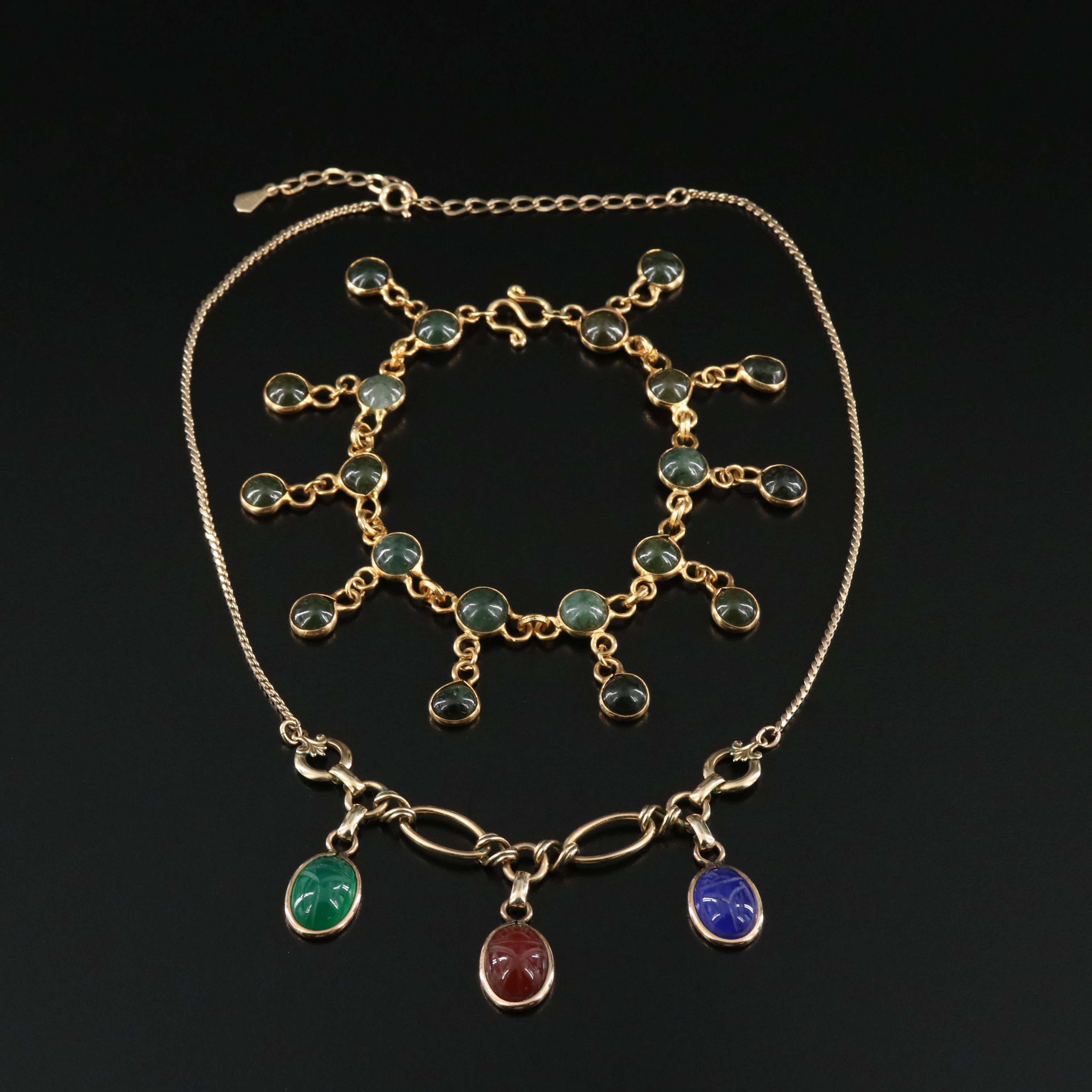 Fringe Bracelet and Gold-Filled Scarab Necklace with Jadeite and Carnelian
