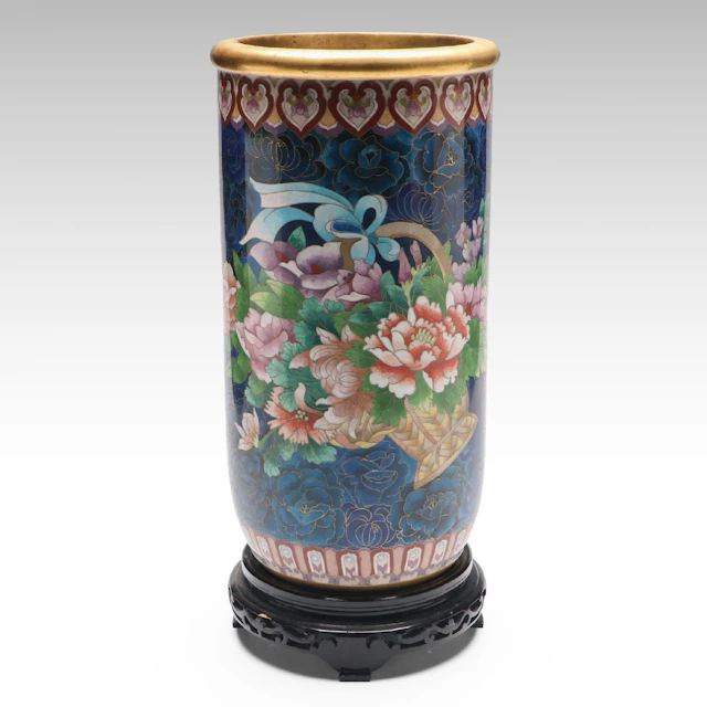 Chinese Peony Motif Cloisonné Umbrella Stand on Wood Base