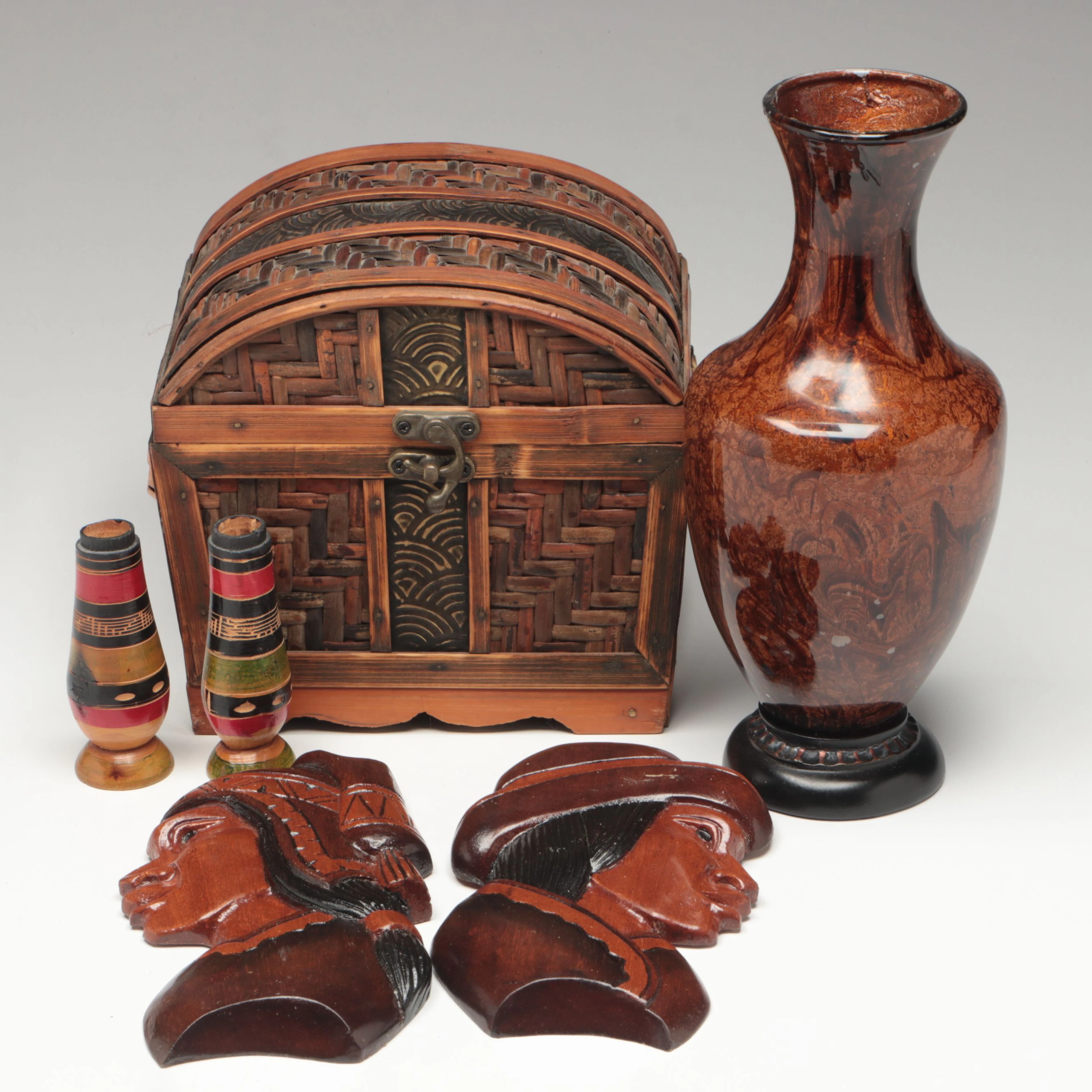 Reverse-Painted Glass Vase with Hand-Carved and Woven Wood Décor