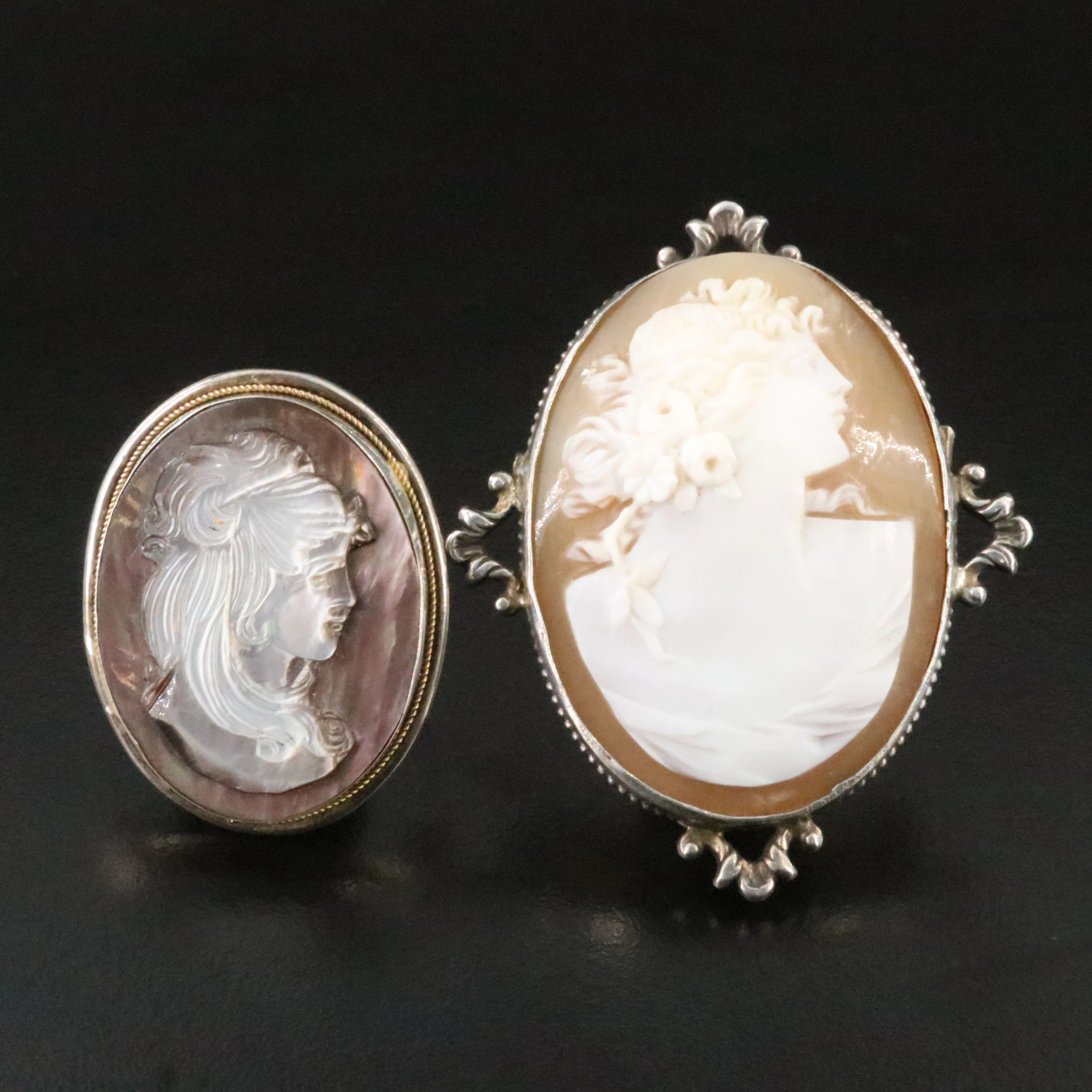 Greco-Roman Revival Sterling Shell & Converter Mother-of-Pearl Cameo Brooches