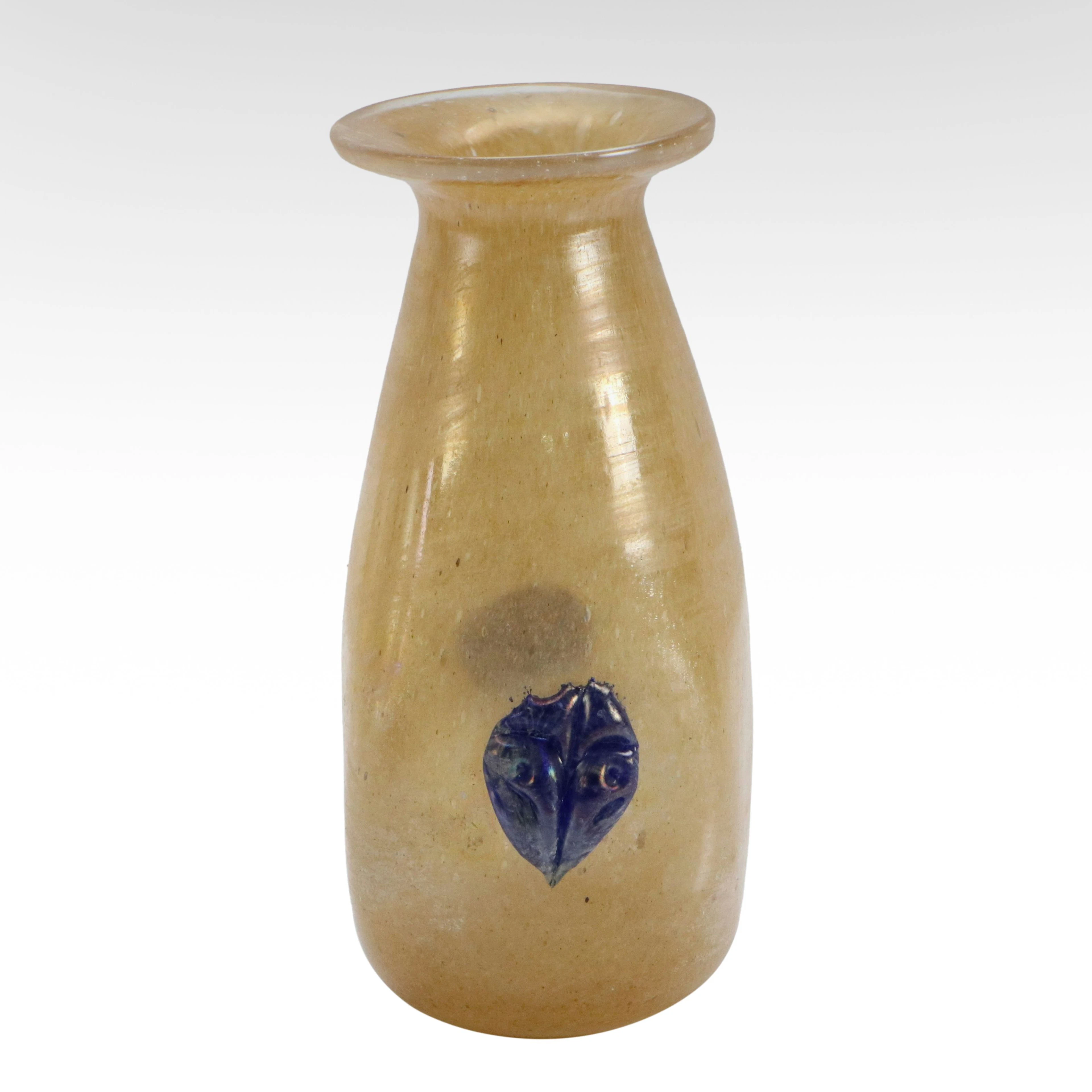 Murano Amber Glass Vase with Iridescent Cobalt Prunts