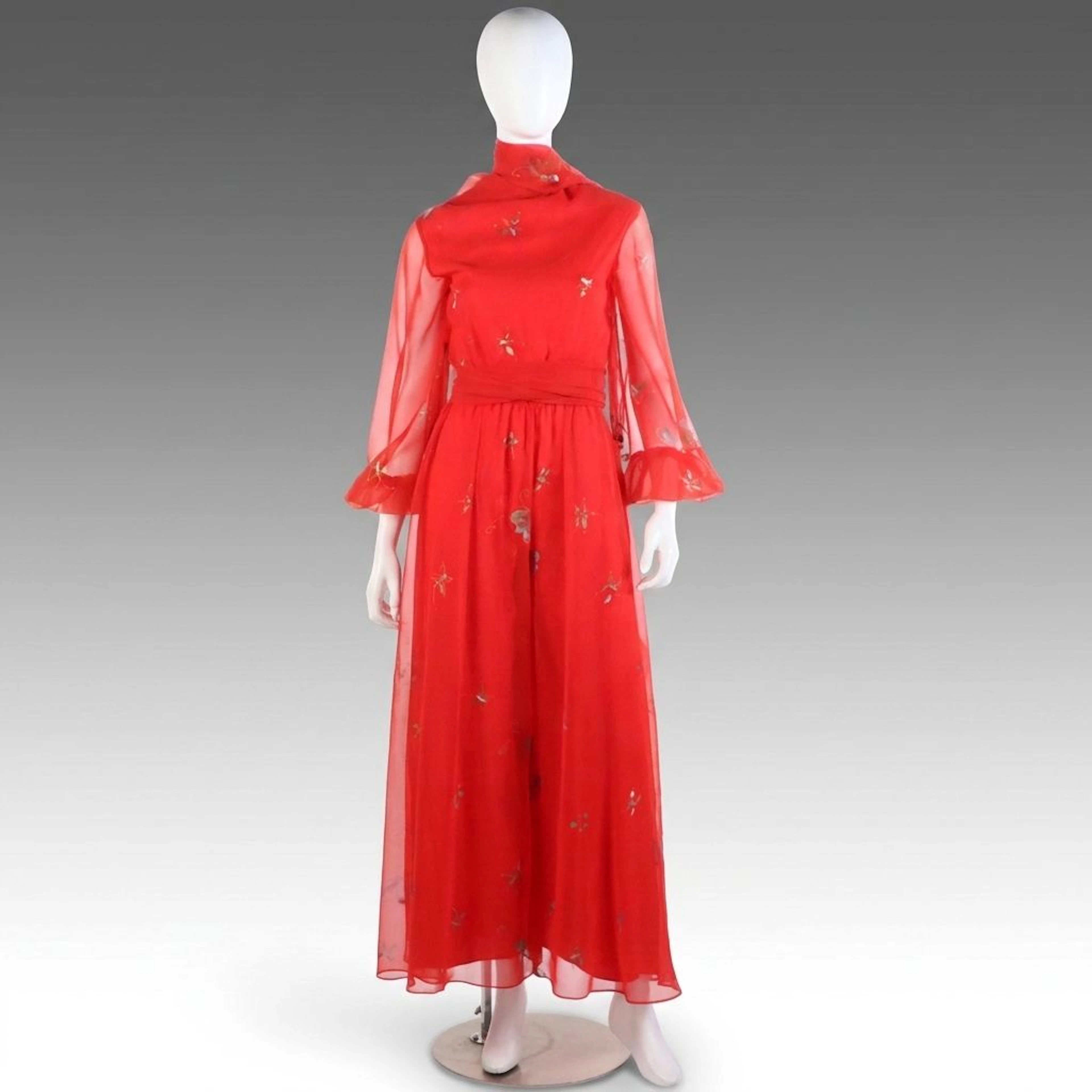 Rizkallah for Don Friese Ltd. Butterfly Print Chiffon Jumpsuit and Neck Scarf