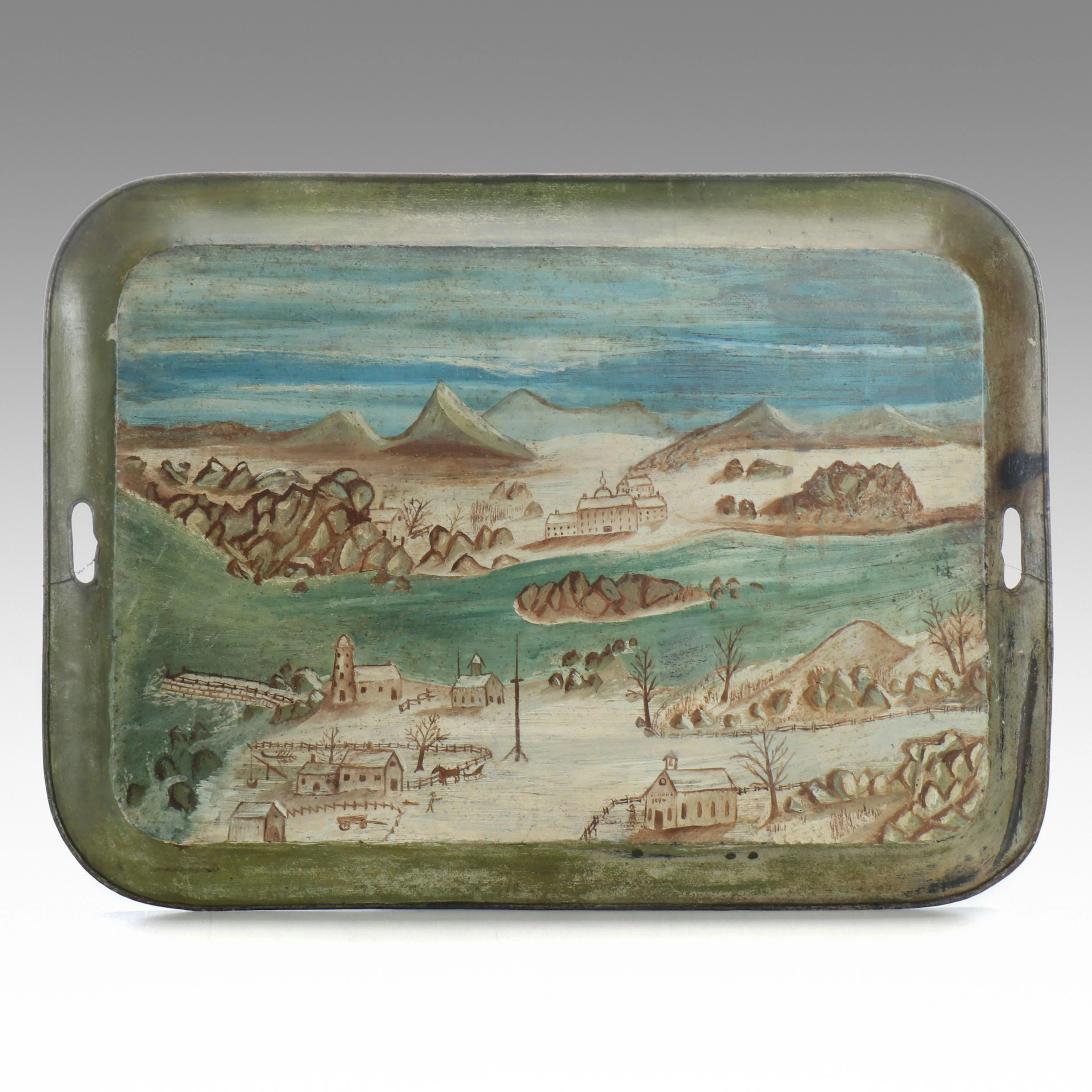 Folk Art Primitive Hand-Painted Double-Sided Toleware Tray