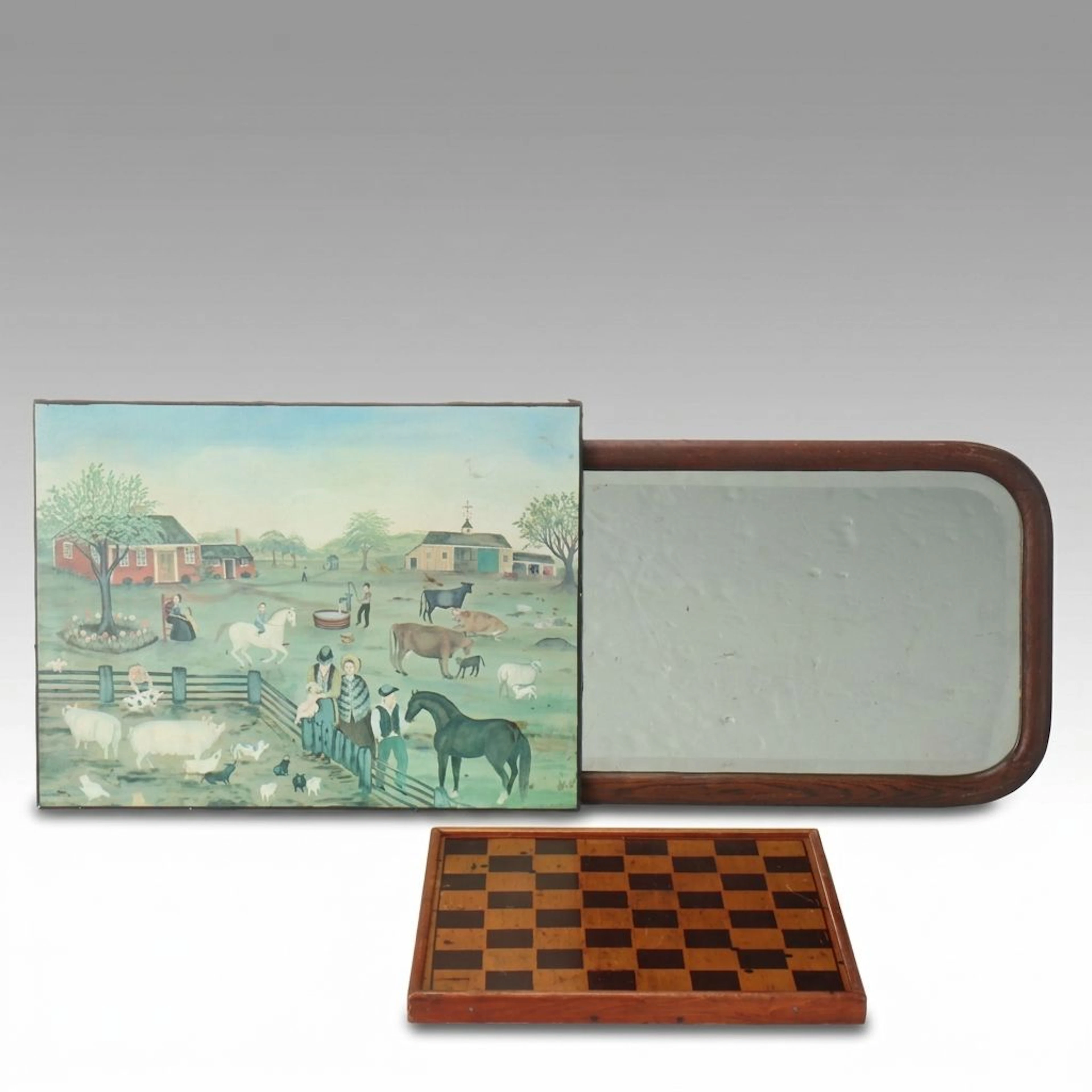 Victorian Style Wooden Wall Mirror with Chessboard, Folk Art Panel