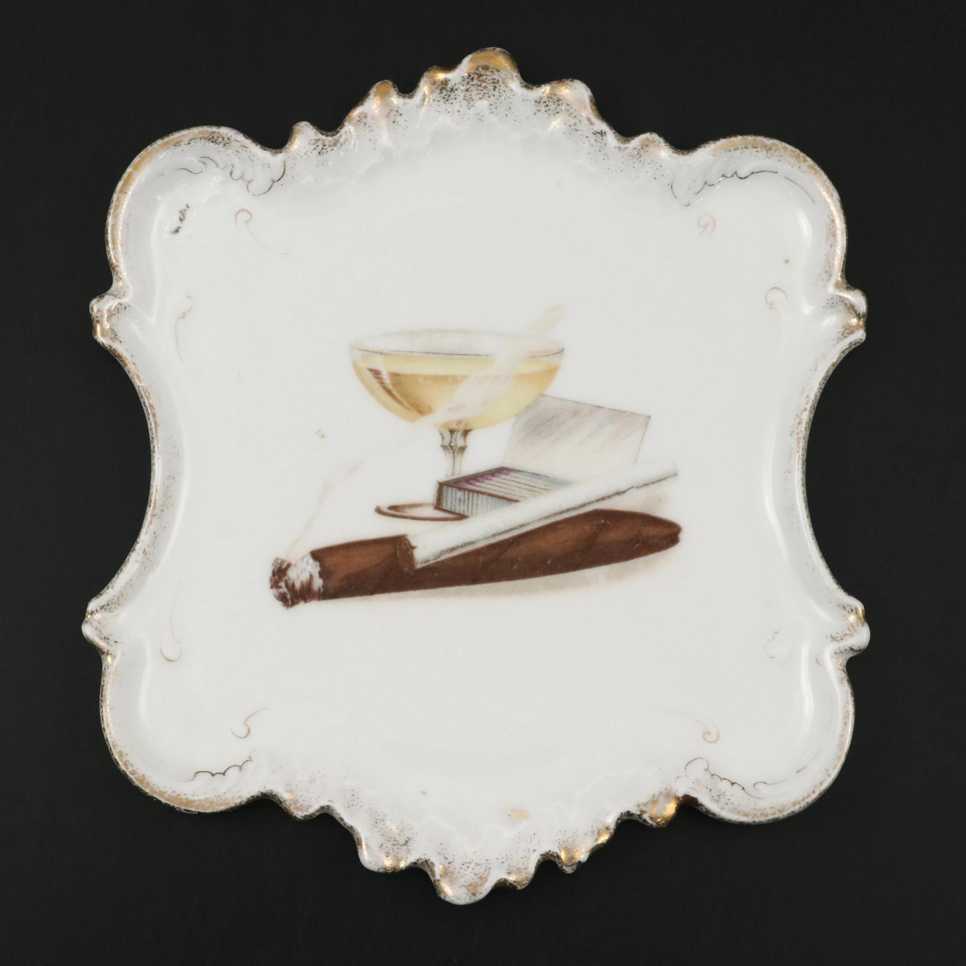 Antique German Porcelain Tray with Cigar and Cocktail Motif, Early 20th C.