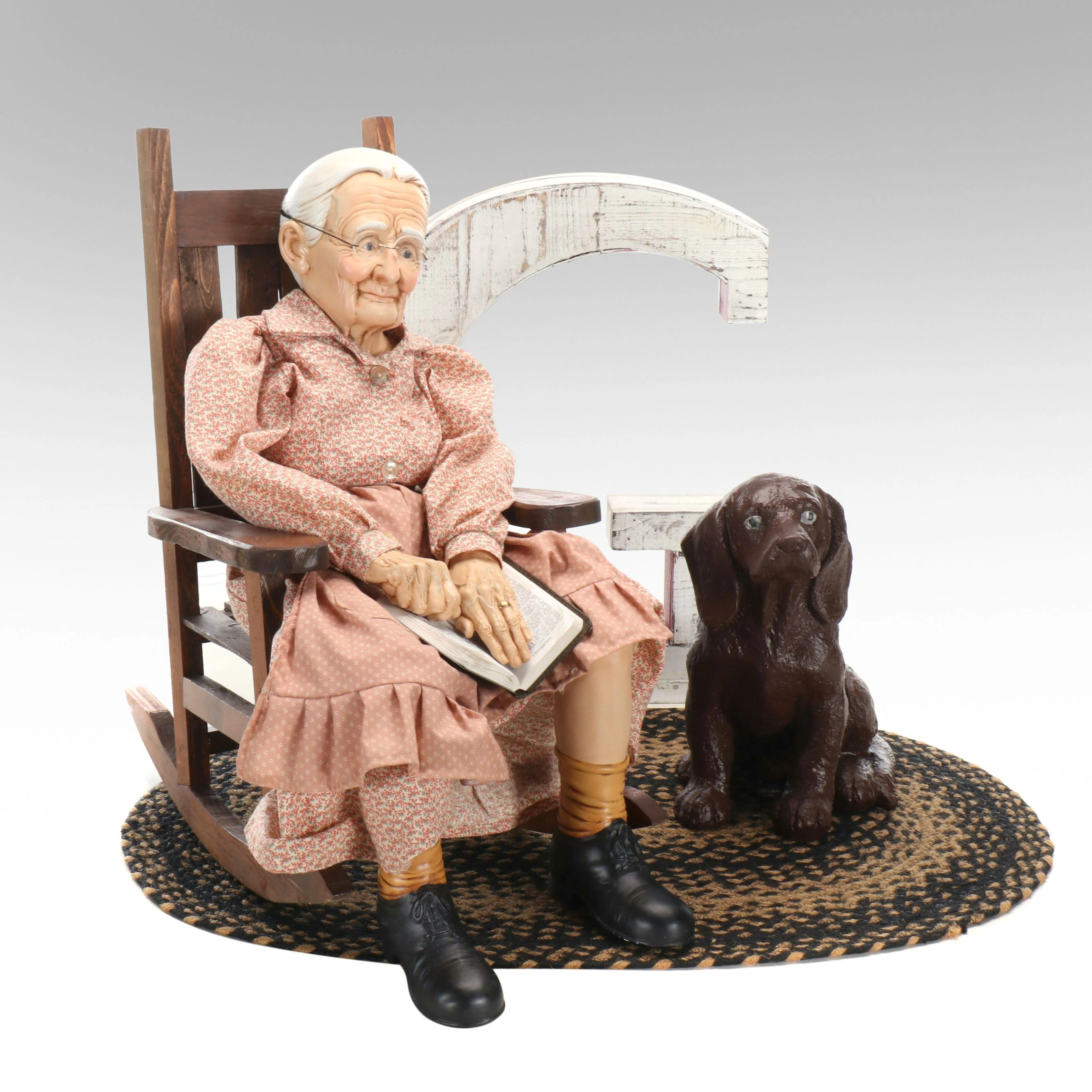Hand-Painted Ceramic Grandma Doll with Braided Rug and More Décor