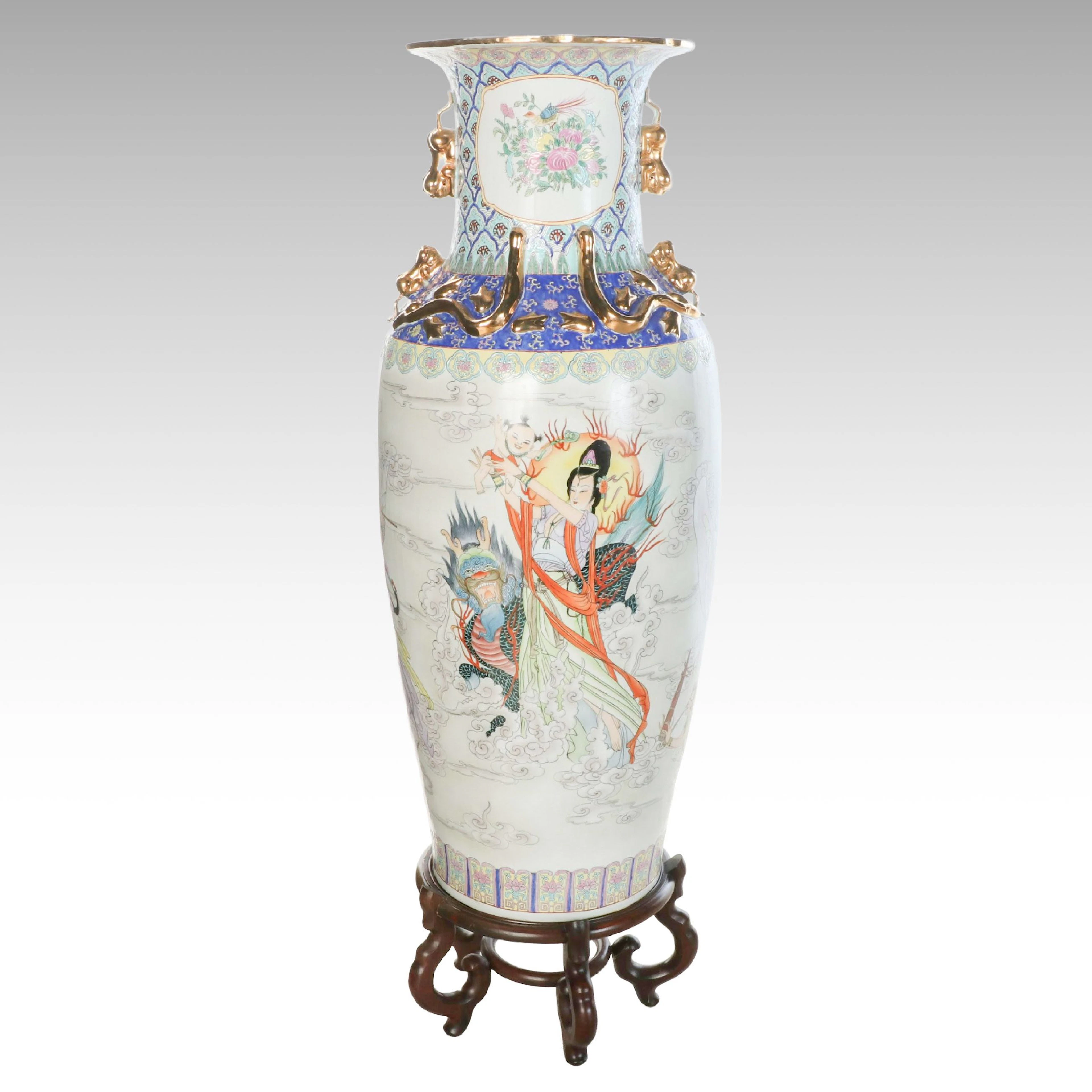Chinese Gilt Decorated Porcelain Floor Vase with Wood Stand