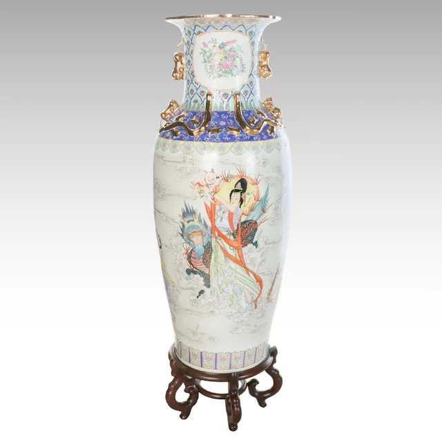 Chinese Gilt Decorated Porcelain Floor Vase with Wood Stand