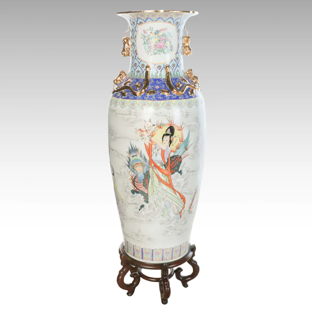 Chinese Gilt Decorated Porcelain Floor Vase with Wood Stand