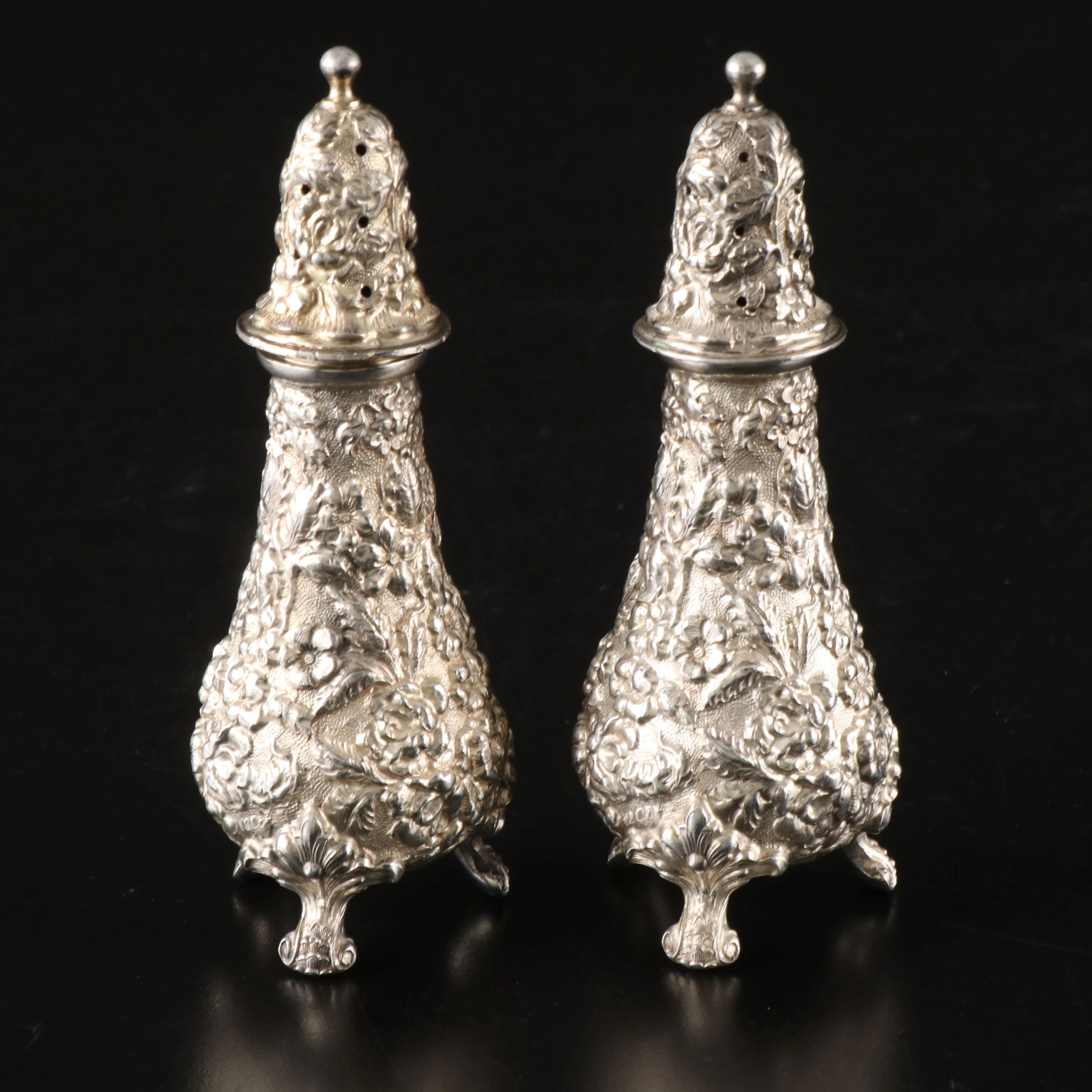 Stieff "Rose" Sterling Silver Repoussé Shakers