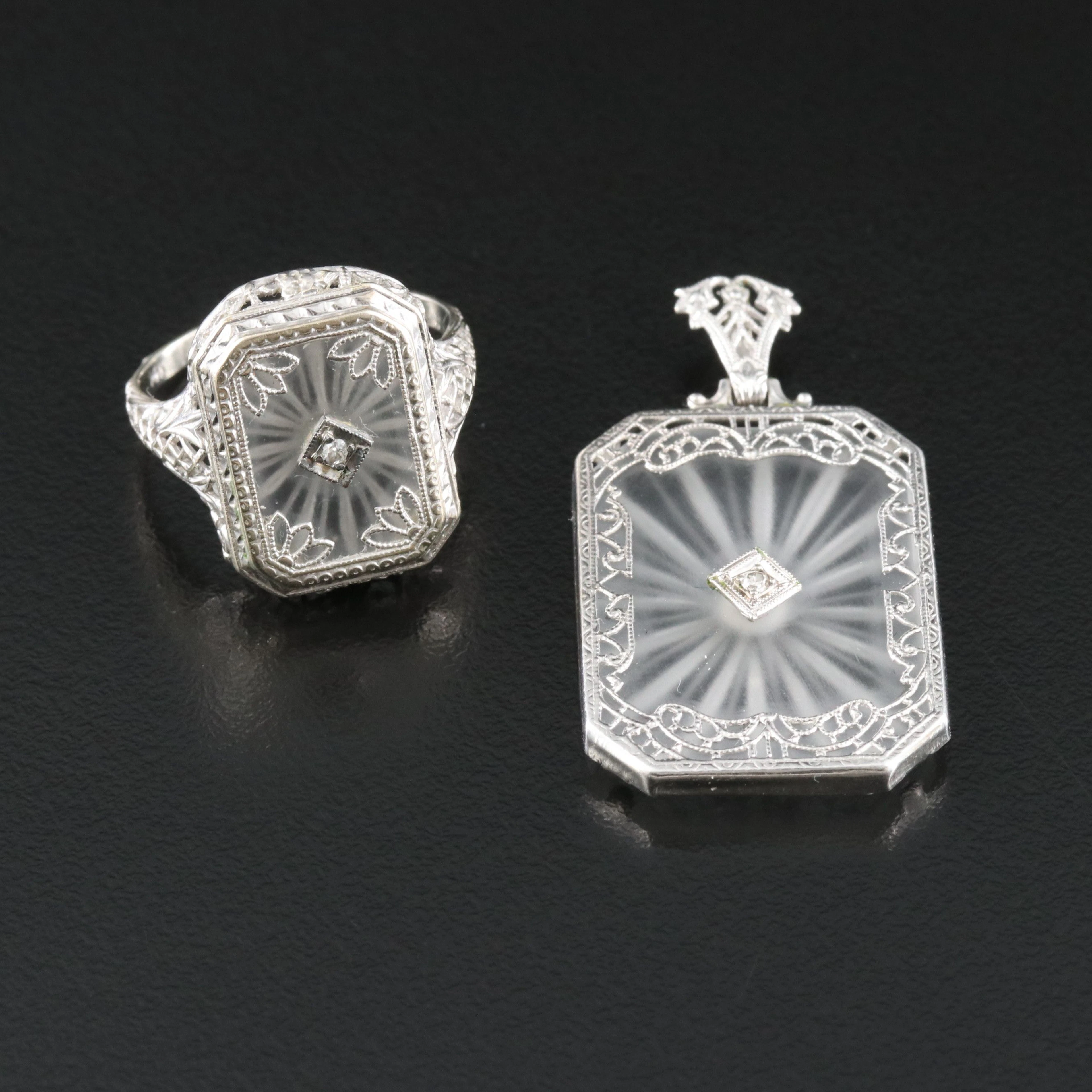 1930s 14K Rock Crystal Quartz and Diamond Rectangular Filigree Pendant and Ring