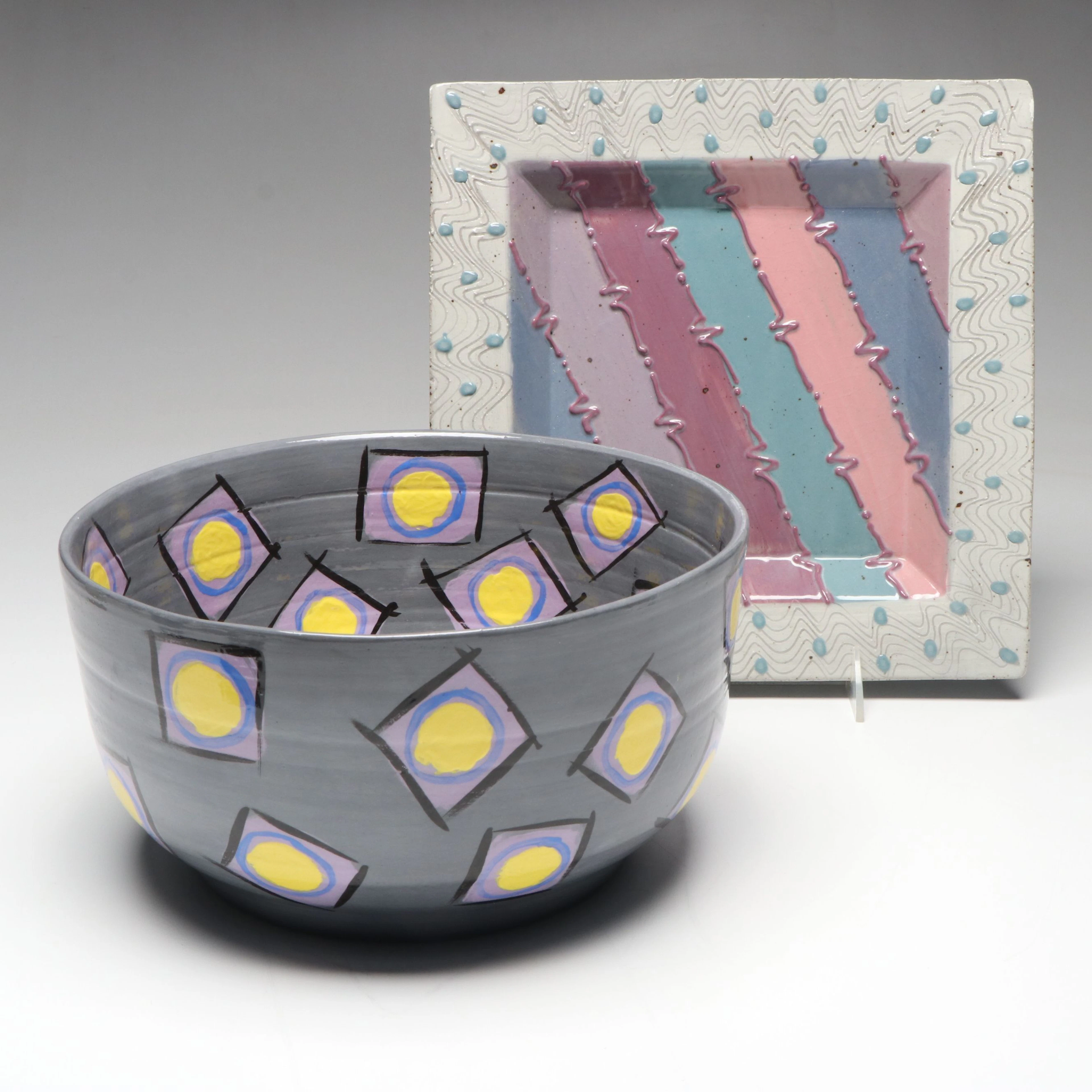 Cunningham Studio Ceramic Wall Plate with Artist Signed Centerpiece Bowl, 1990s