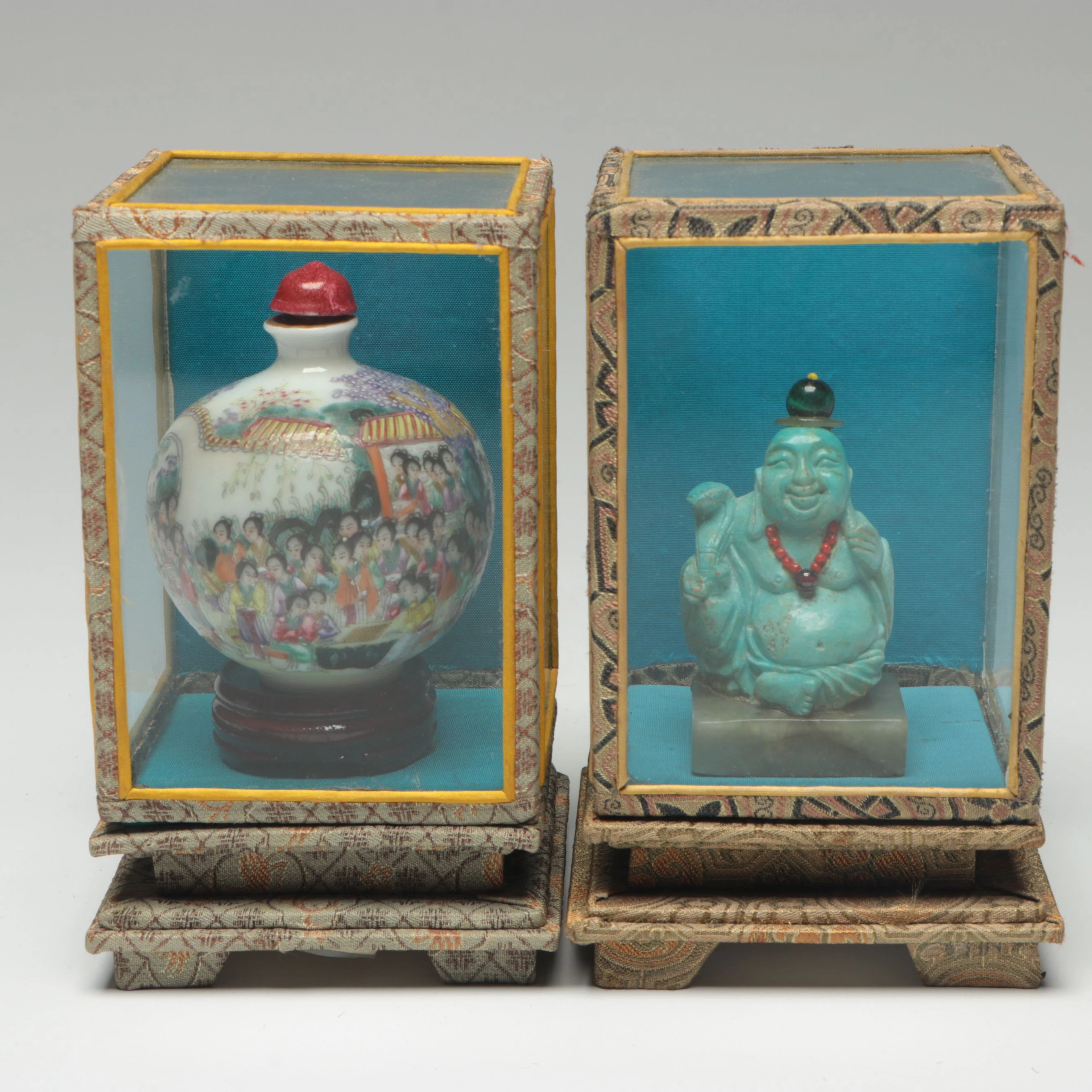 Chinese Hand-Painted Porcelain and Turquoise Buddha Snuff Bottles