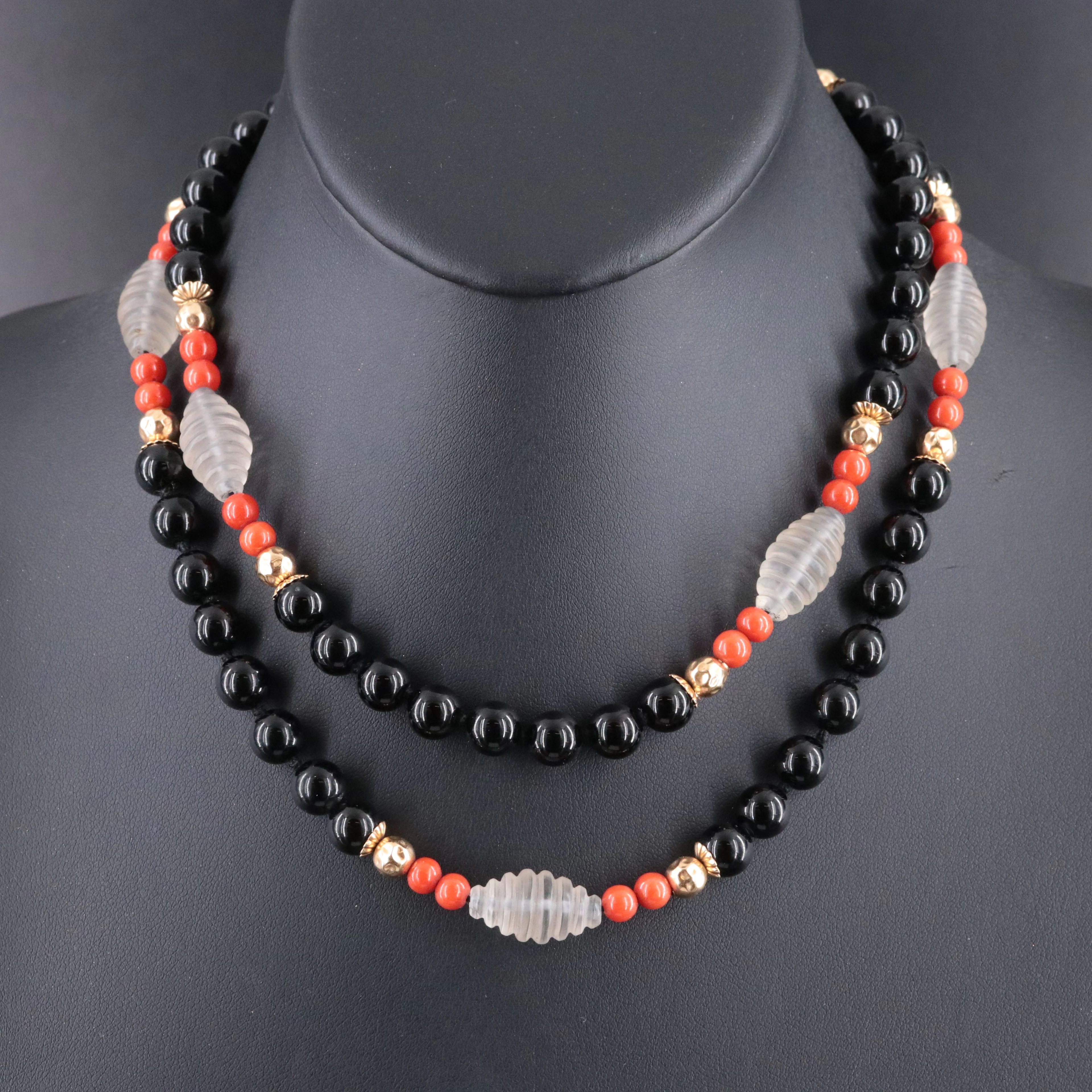 14K Rock Crystal, Coral and Black Onyx Bead Necklace